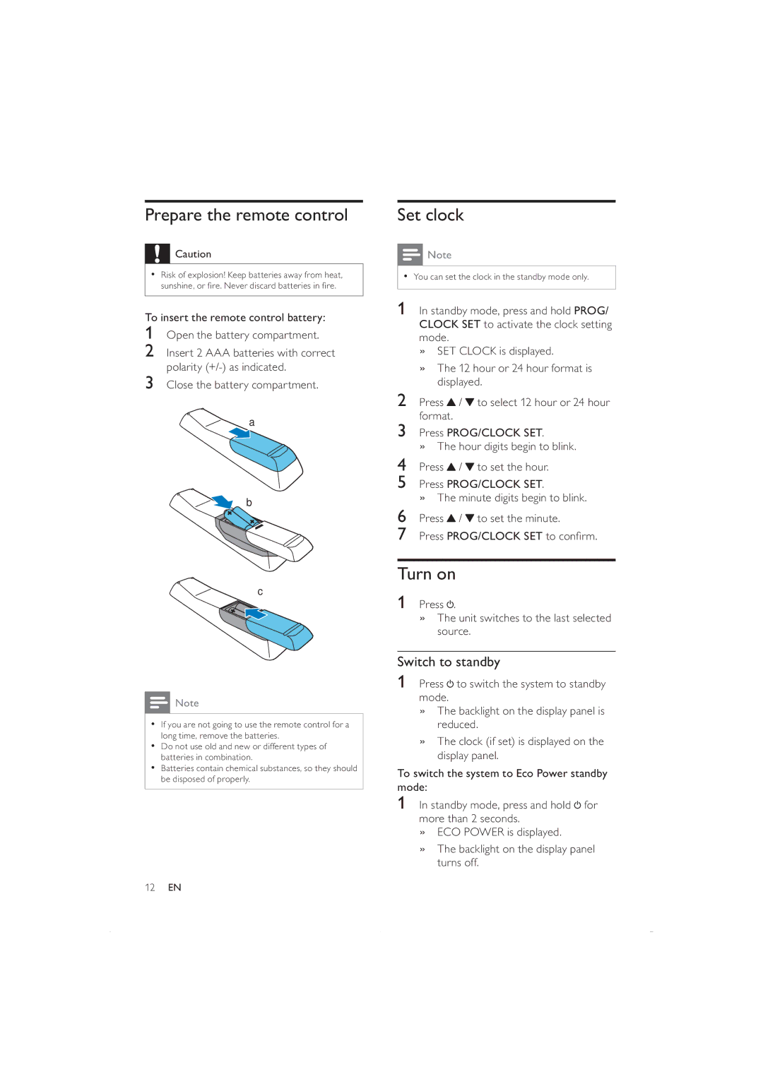 Philips DCB352 user manual Prepare the remote control, Set clock, Turn on, Switch to standby 