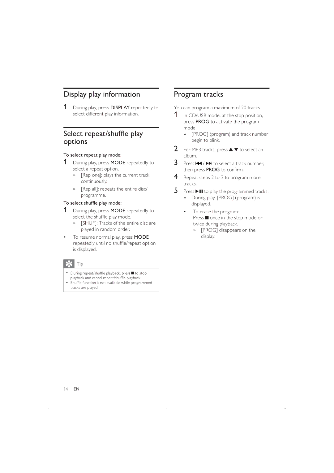 Philips DCB352 user manual Display play information, Select repeat/shufﬂe play options, Program tracks 