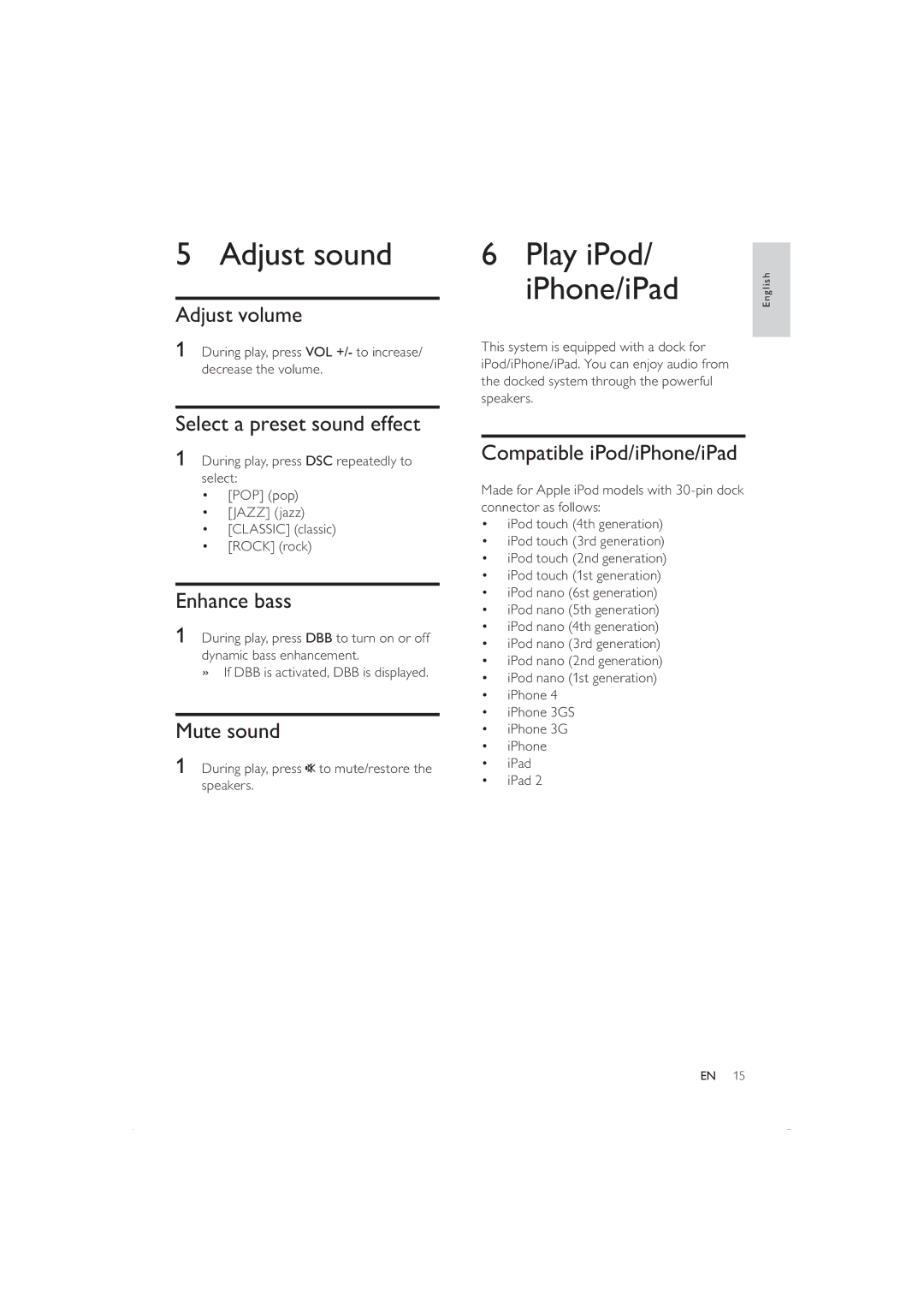 Philips DCB352 user manual Adjust sound, Play iPod IPhone/iPad 