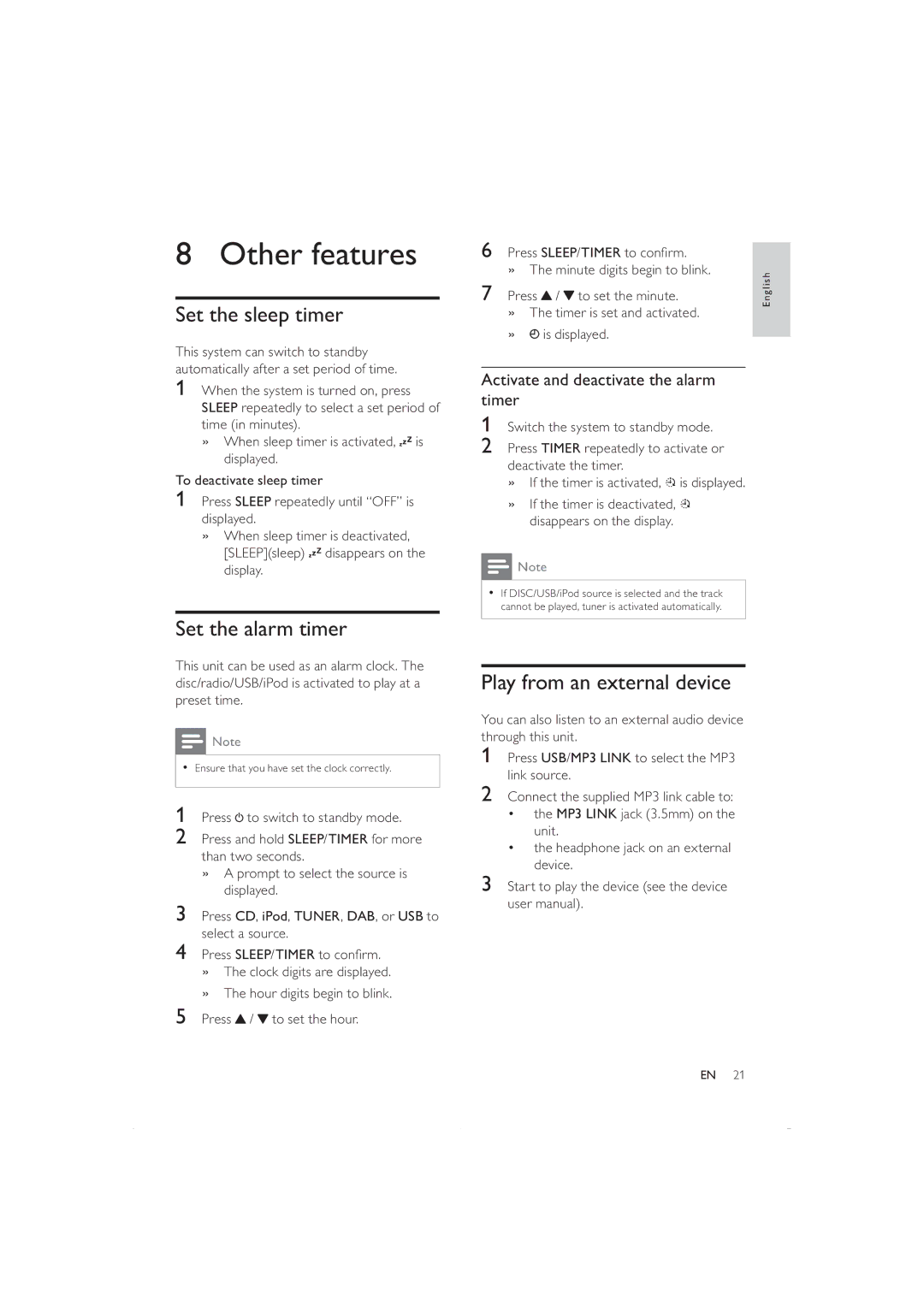 Philips DCB352 user manual Other features, Set the sleep timer, Set the alarm timer, Play from an external device 