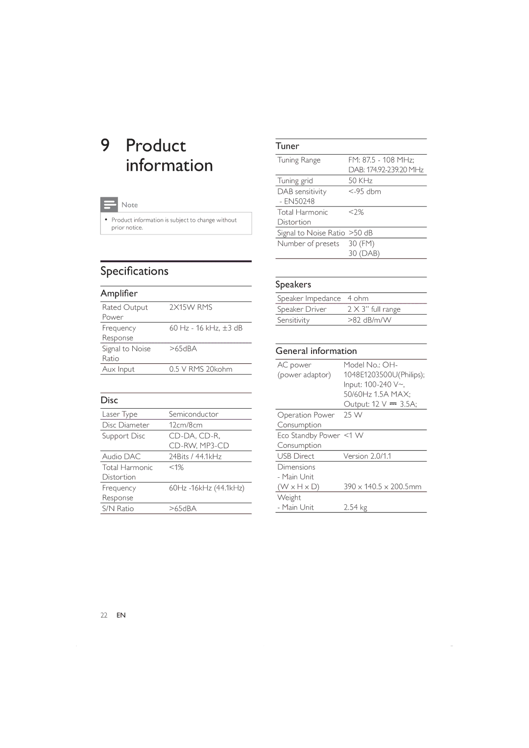 Philips DCB352 user manual Product information, Speciﬁcations 