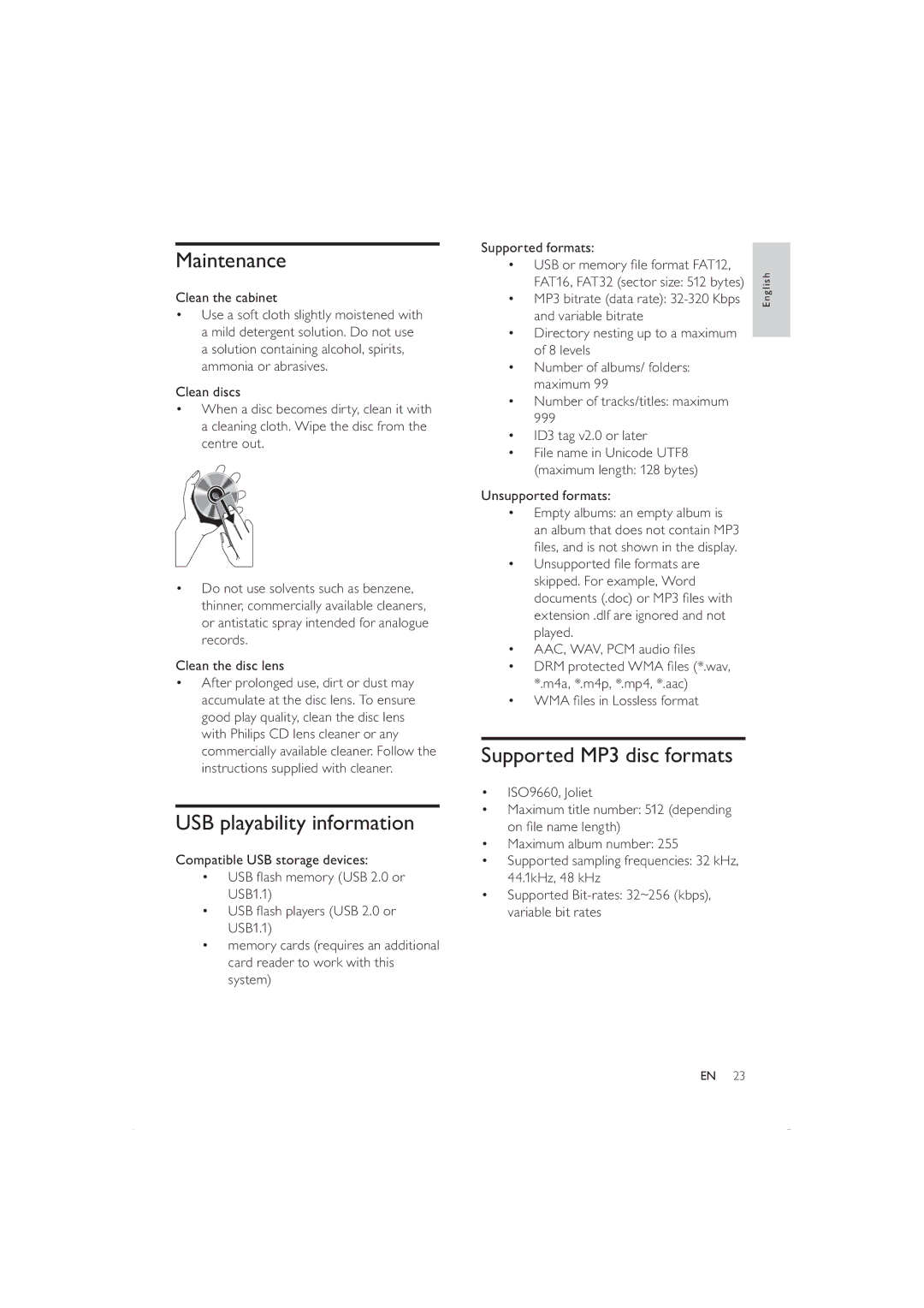 Philips DCB352 user manual Maintenance, USB playability information, Supported MP3 disc formats 