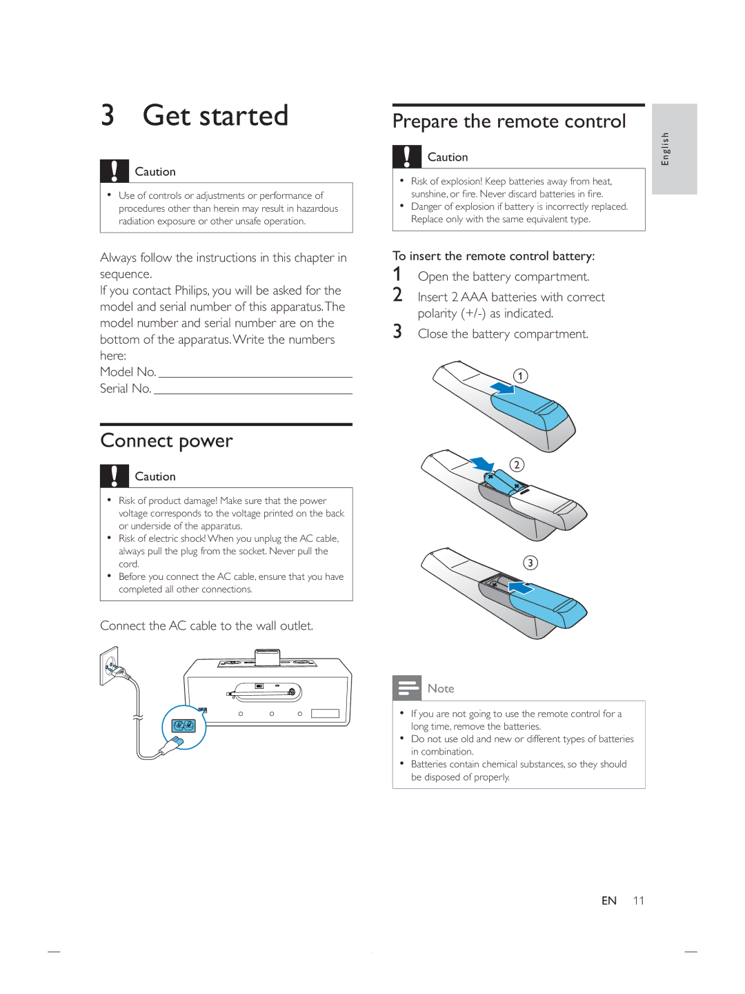 Philips DCB852 user manual Get started, Prepare the remote control, Connect power, Close the battery compartment 