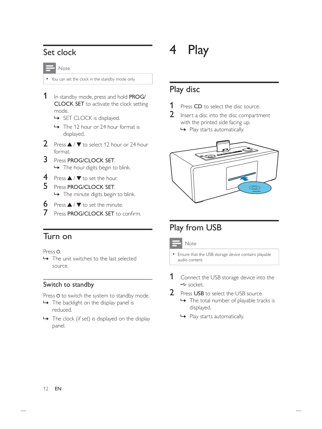 Philips DCB852 user manual Set clock, Turn on, Play disc, Play from USB 