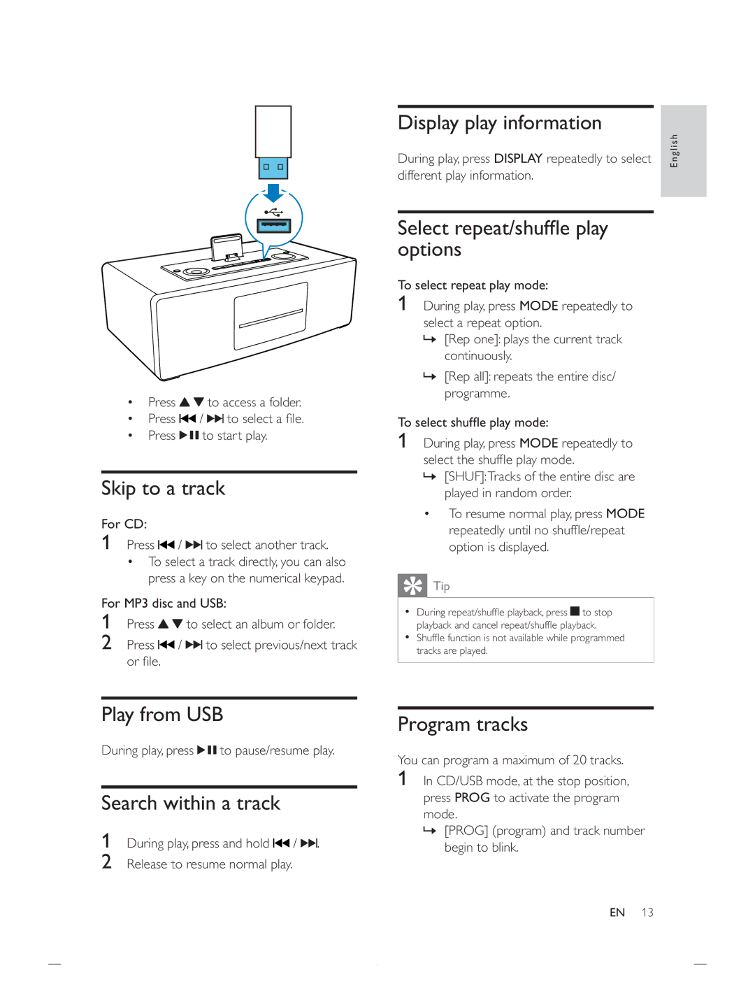 Philips DCB852 user manual Skip to a track, Display play information, Options, Search within a track, Program tracks 