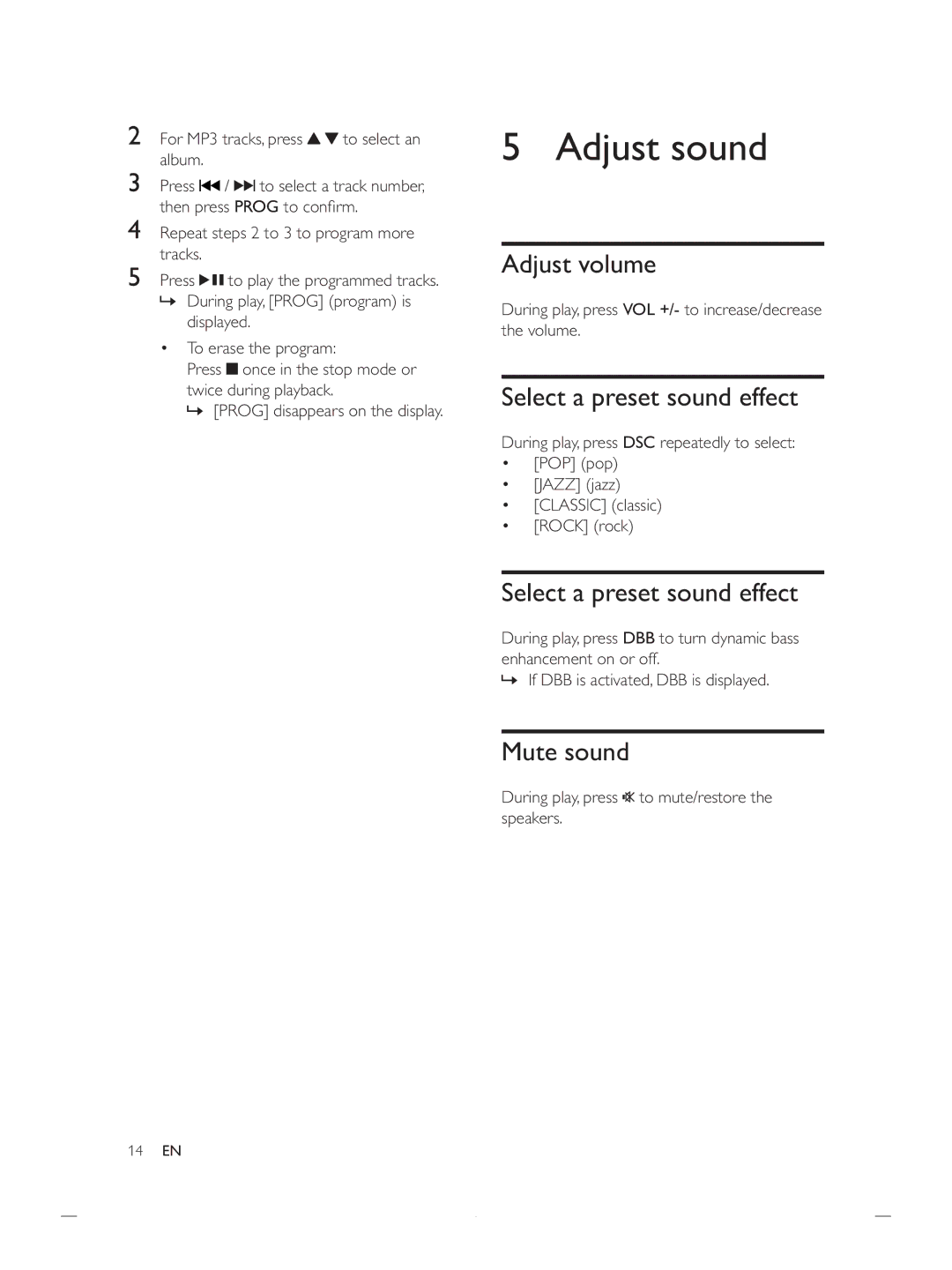 Philips DCB852 user manual Adjust sound, Adjust volume, Select a preset sound effect, Mute sound 