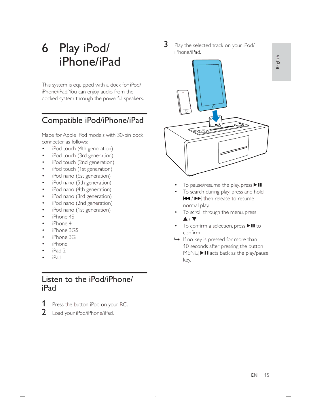 Philips DCB852 user manual Compatible iPod/iPhone/iPad, Listen to the iPod/iPhone/ iPad 