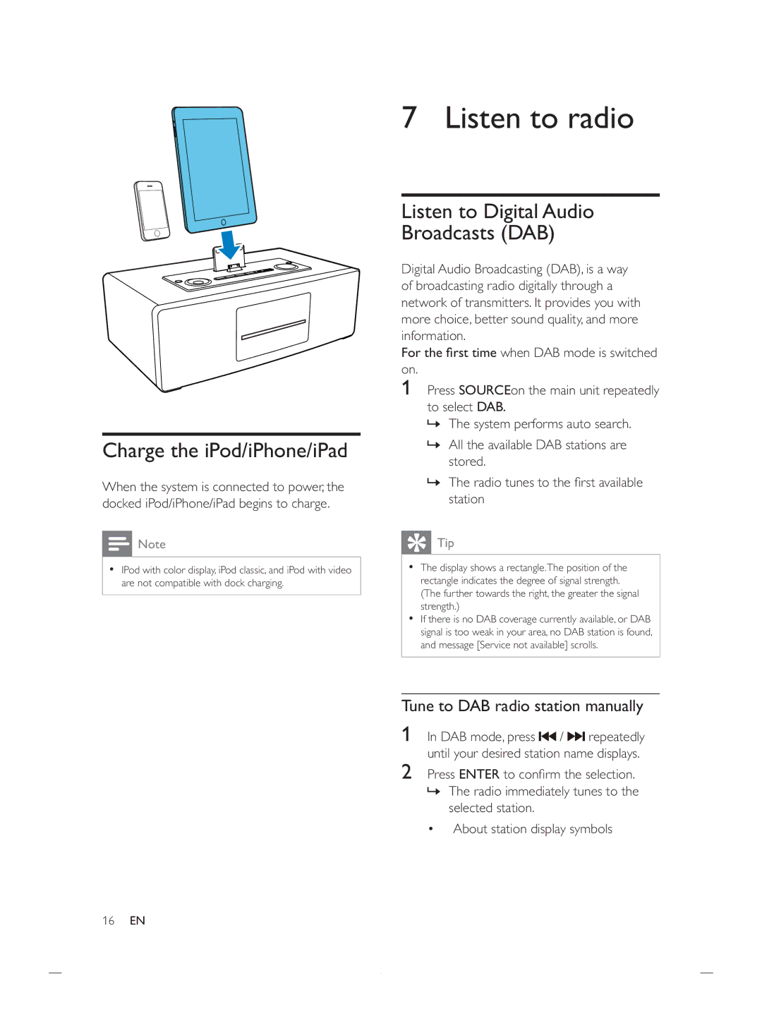 Philips DCB852 Listen to radio, Charge the iPod/iPhone/iPad, Listen to Digital Audio, Tune to DAB radio station manually 