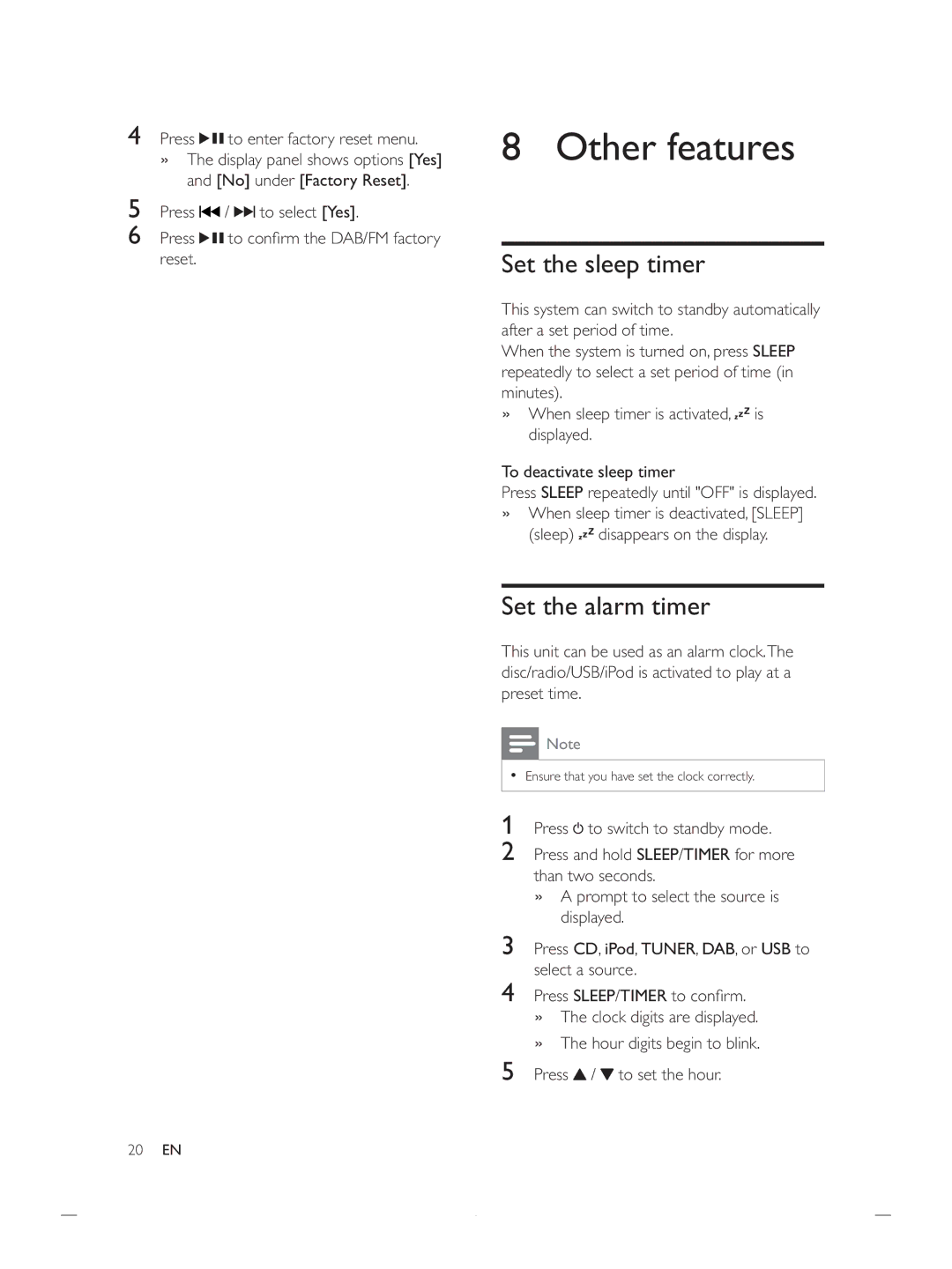 Philips DCB852 user manual Other features, Set the sleep timer, Set the alarm timer, Press Reset 