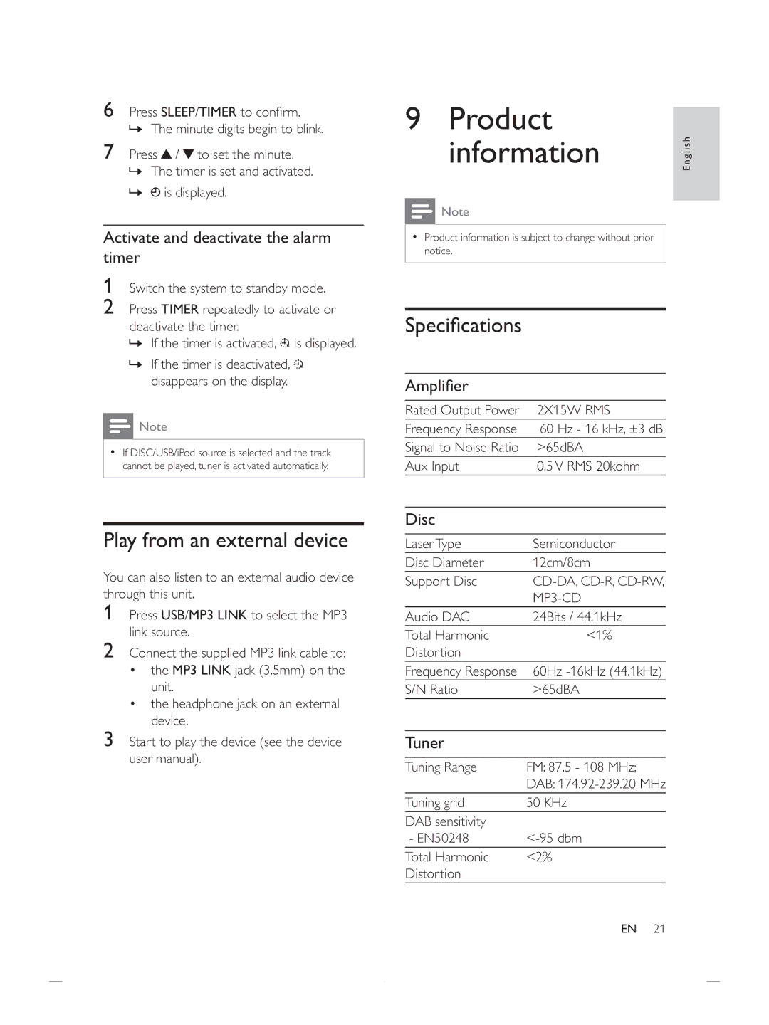 Philips DCB852 Product Information, Play from an external device, Activate and deactivate the alarm timer, Disc, Tuner 