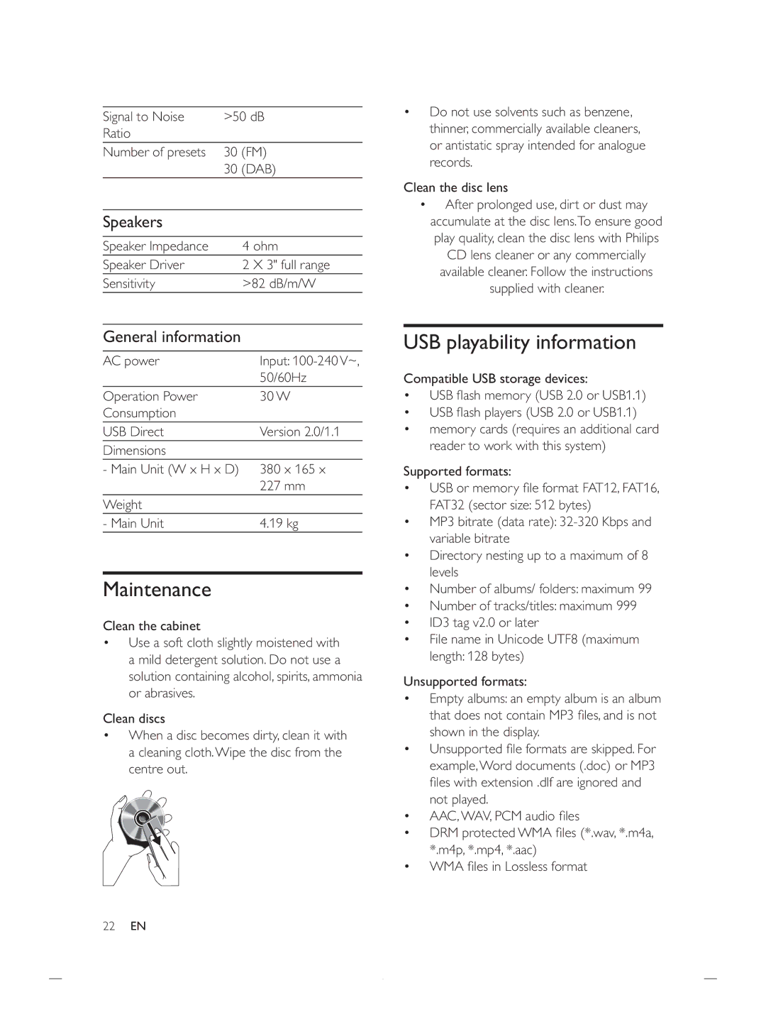 Philips DCB852 user manual Maintenance, USB playability information, Speakers, General information 