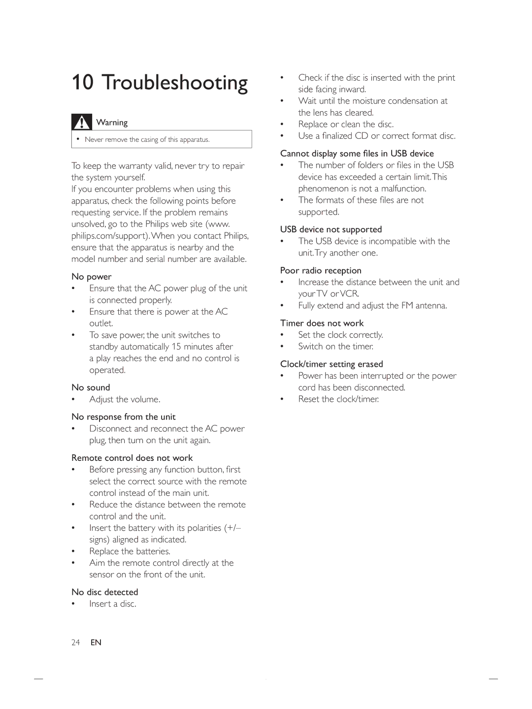 Philips DCB852 user manual Troubleshooting, Remote control does not work, Replace or clean the disc 