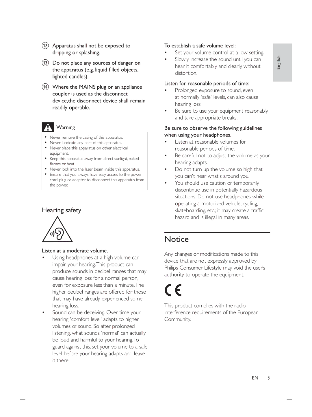 Philips DCB852 user manual Hearing safety 