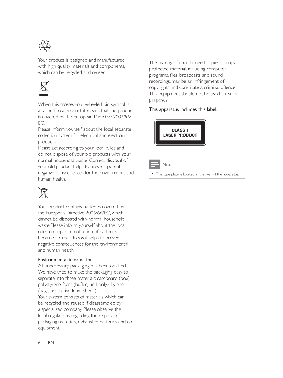 Philips DCB852 user manual Human health Environmental information, Purposes This apparatus includes this label 