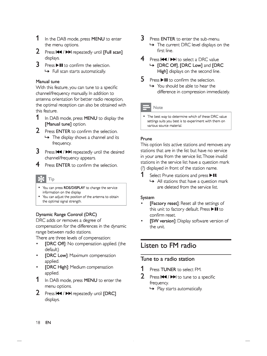 Philips DCB852 user manual Listen to FM radio, Tune to a radio station 