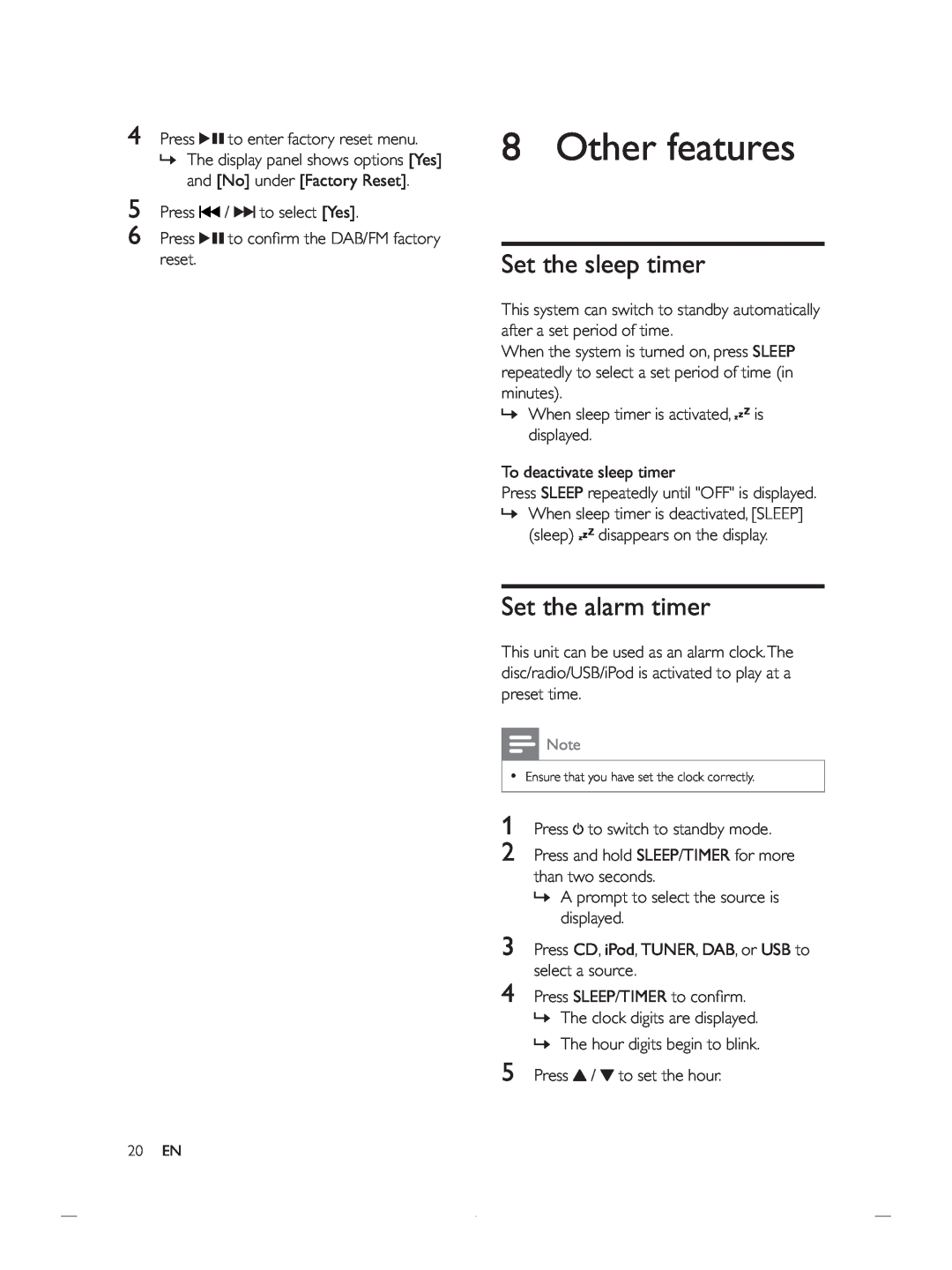 Philips DCB852 user manual Other features, Set the sleep timer, Set the alarm timer 