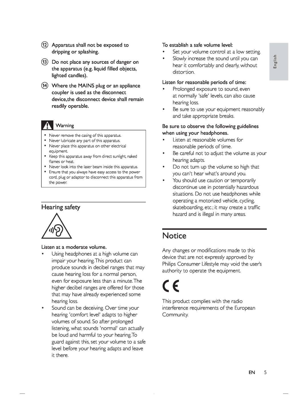 Philips DCB852 user manual Hearing safety 