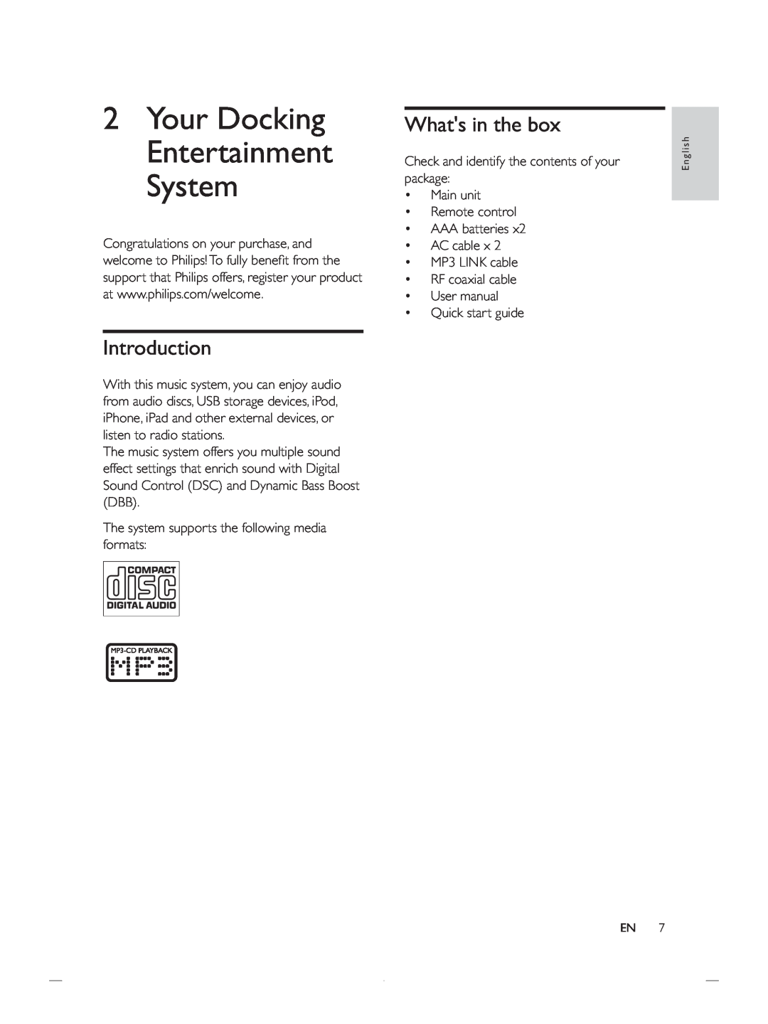 Philips DCB852 user manual Introduction, Whats in the box, Your Docking Entertainment System 