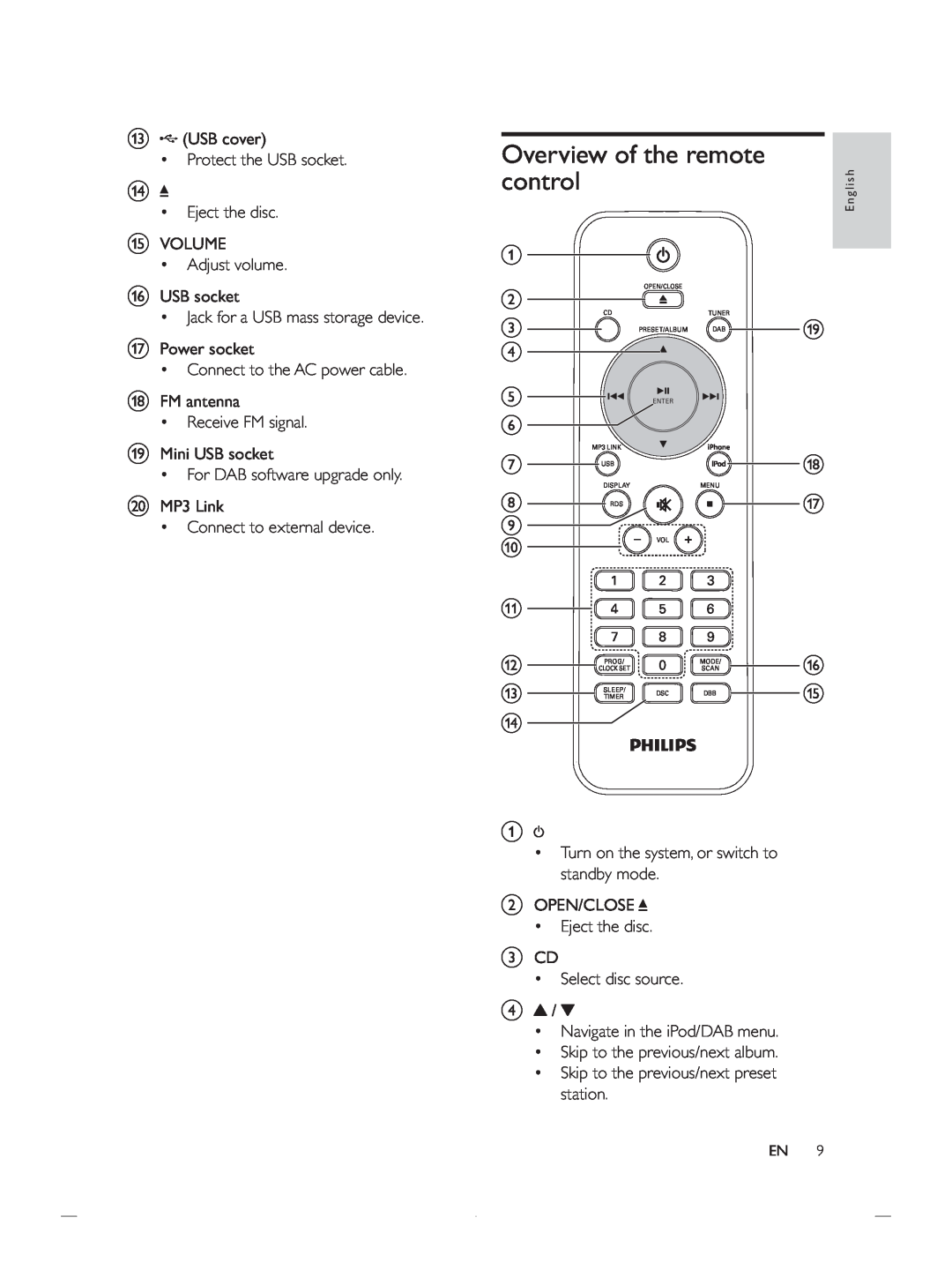 Philips DCB852 user manual Overview of the remote control 