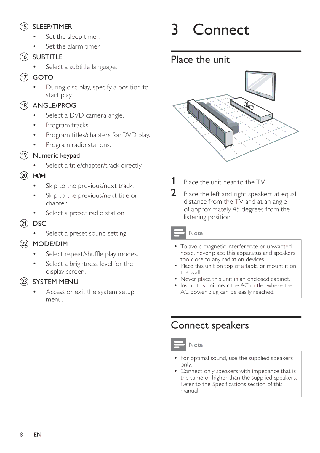 Philips DCD322/12 user manual Place the unit, Connect speakers 