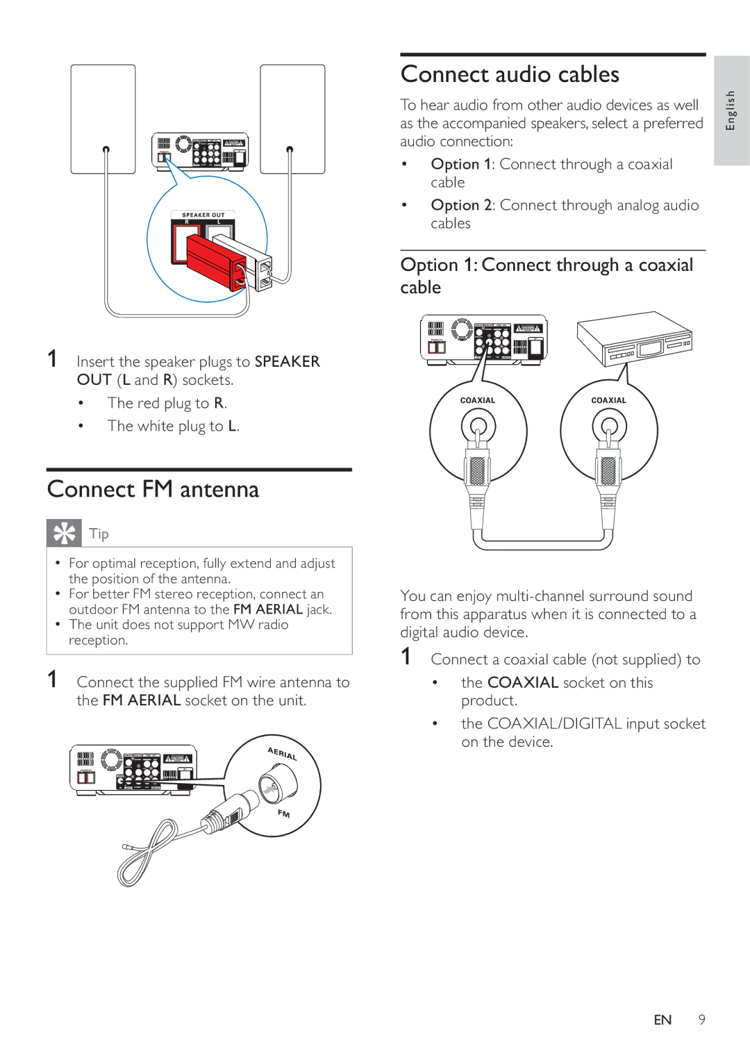 Philips DCD322/12 user manual Connect FM antenna, Connect audio cables, Option 1 Connect through a coaxial cable 