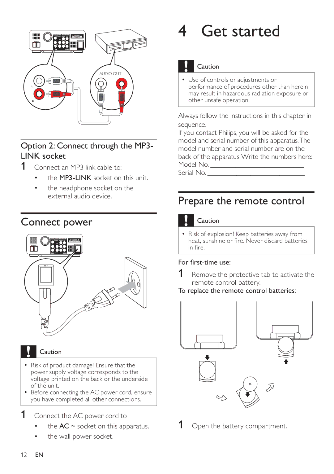 Philips DCD322 Get started, Connect power, Prepare the remote control, Option 2 Connect through the MP3- Link socket 