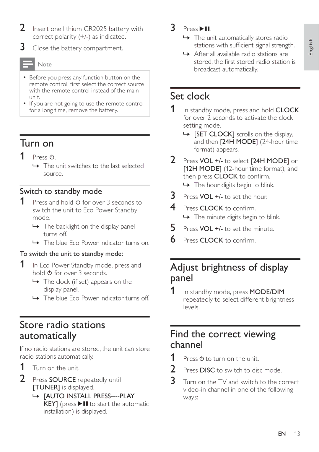 Philips DCD322/12 user manual Turn on, Set clock, Adjust brightness of display panel, Find the correct viewing channel 