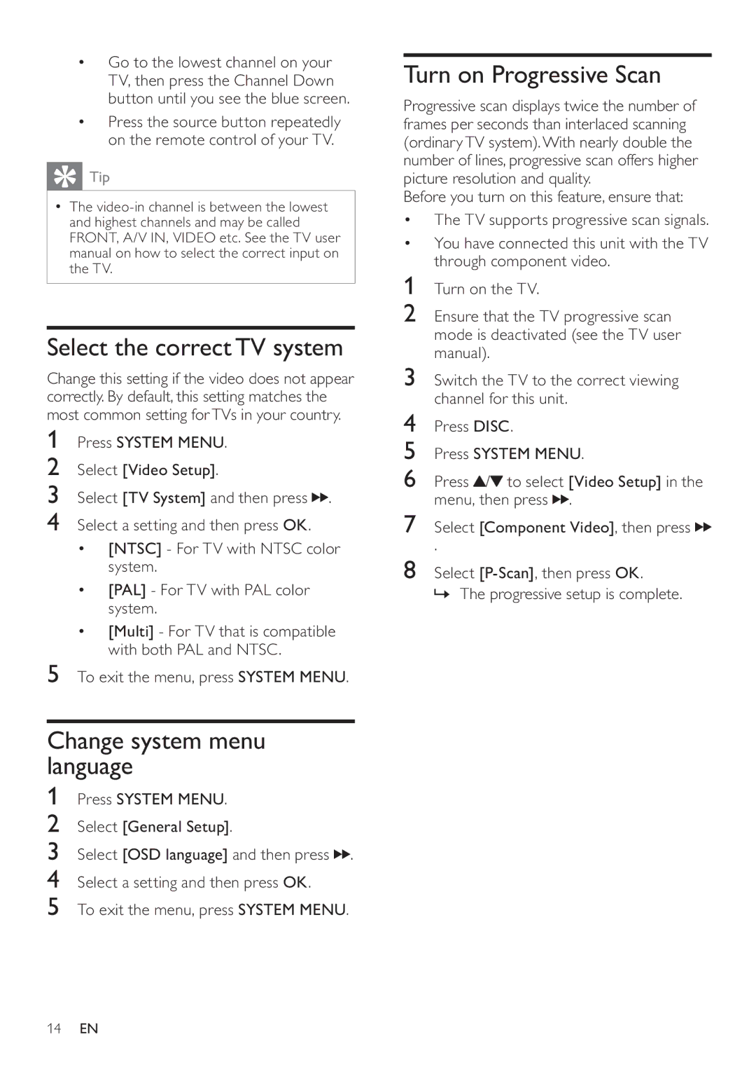 Philips DCD322/12 user manual Select the correct TV system, Change system menu language, Turn on Progressive Scan 