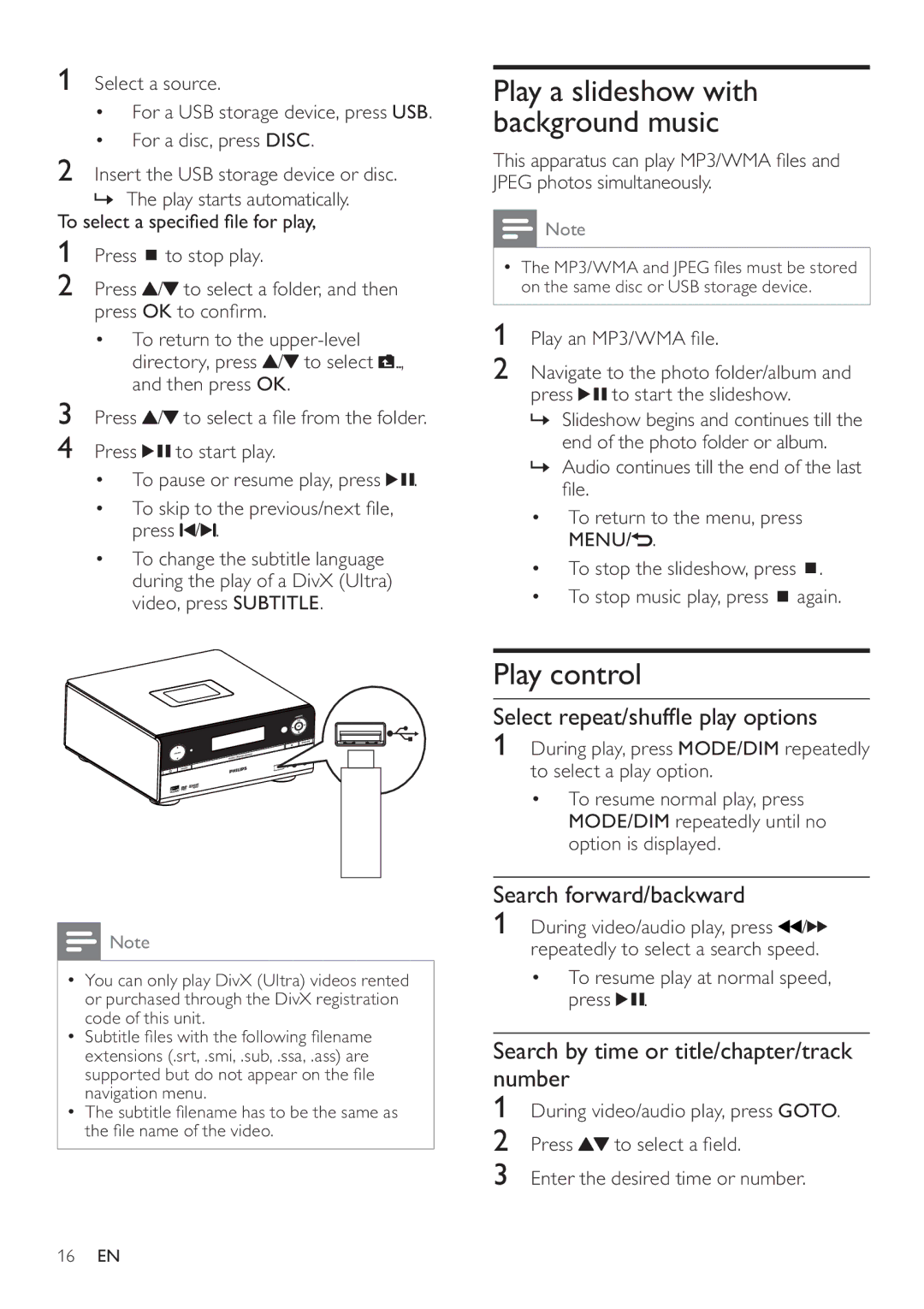 Philips DCD322/12 user manual Play control, Select repeat/shufﬂe play options, Search forward/backward 