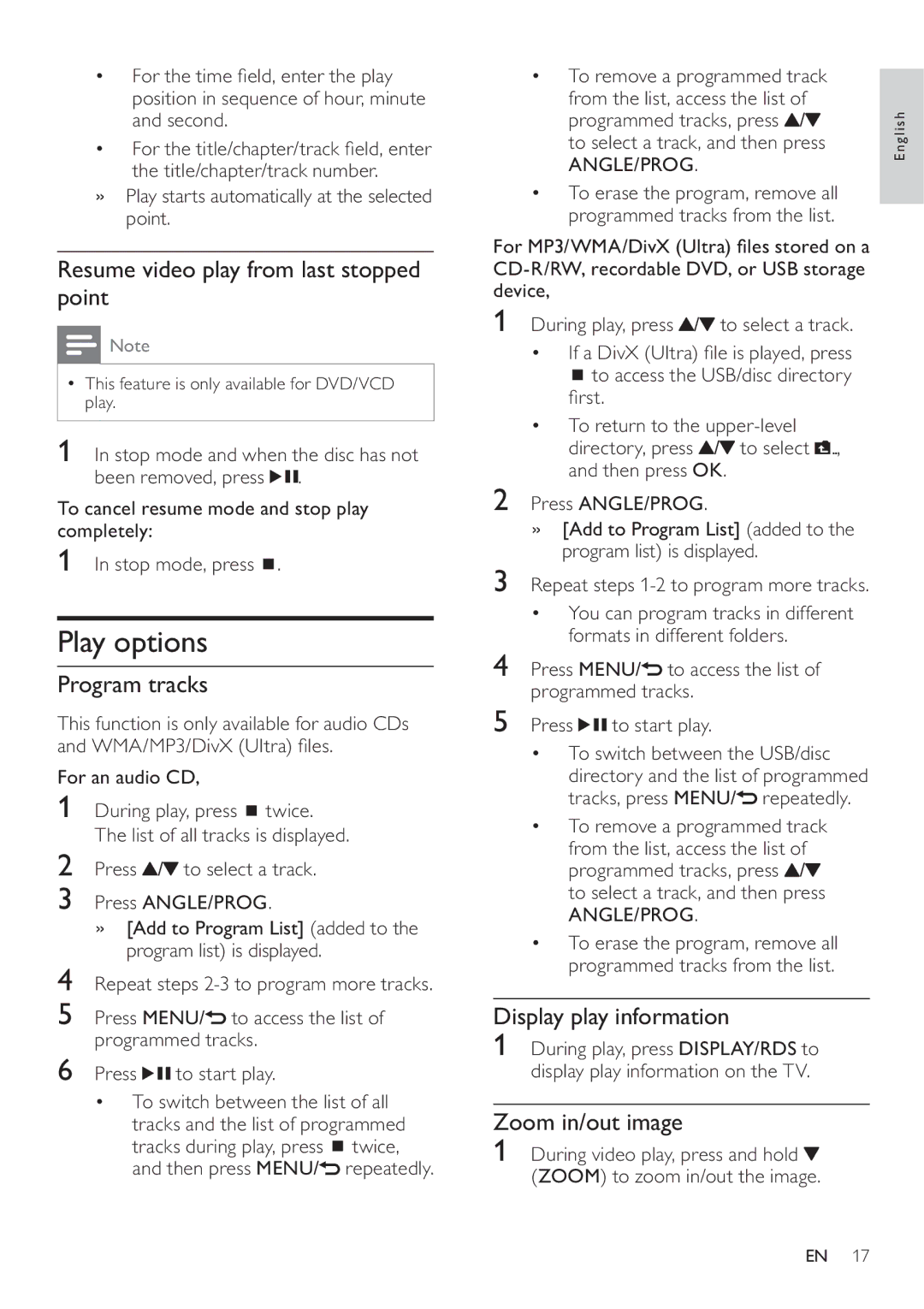 Philips DCD322/12 Play options, Resume video play from last stopped point, Program tracks, Display play information 