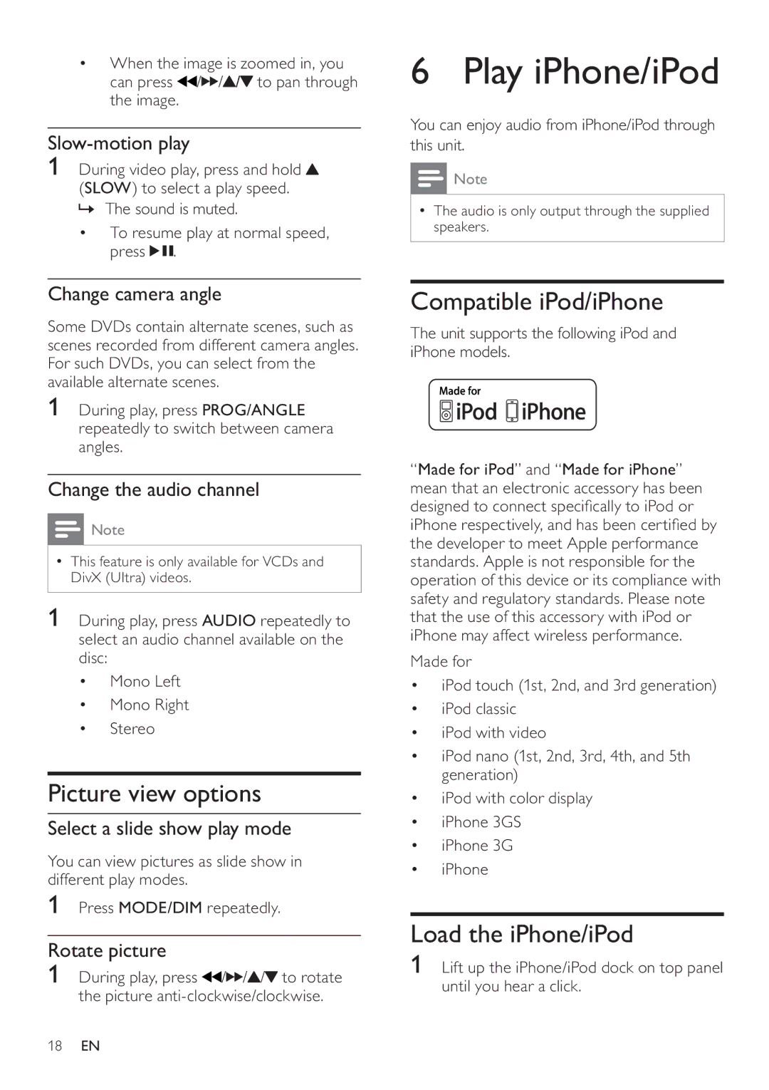 Philips DCD322/12 user manual Play iPhone/iPod, Picture view options, Compatible iPod/iPhone, Load the iPhone/iPod 