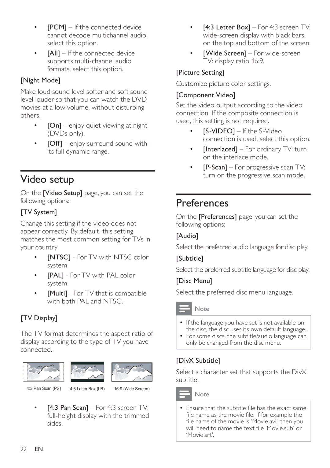 Philips DCD322/12 user manual Video setup, Preferences, Interlaced For ordinary TV turn on the interlace mode 