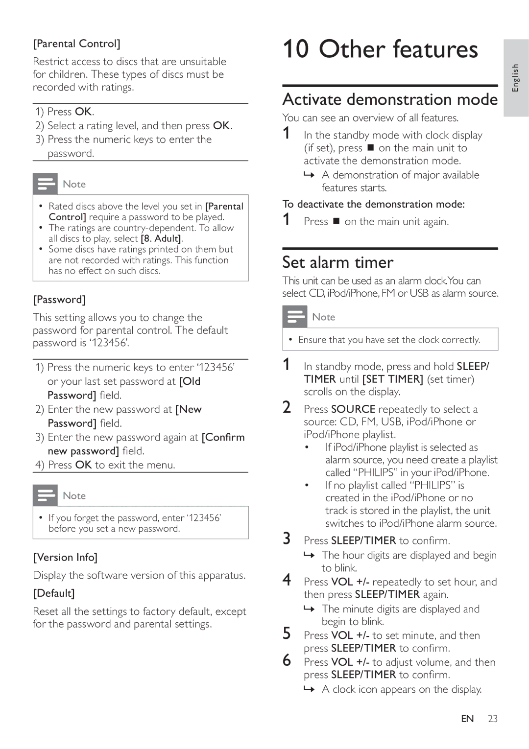 Philips DCD322/12 user manual Other features, Activate demonstration mode, Set alarm timer 