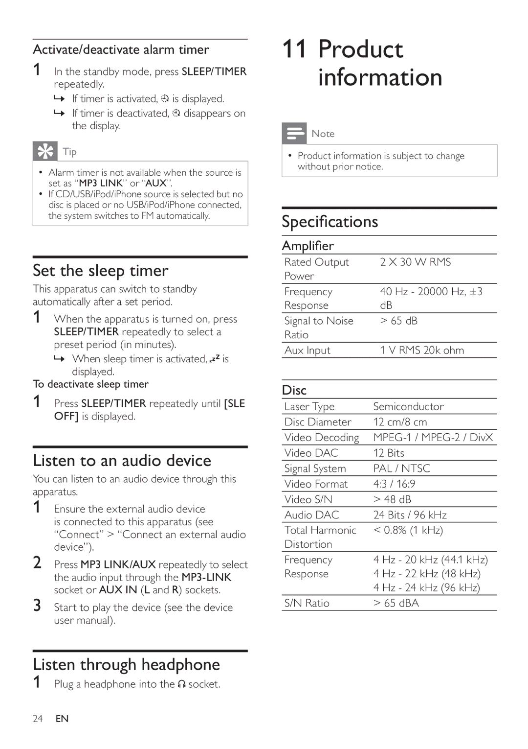 Philips DCD322/12 Product information, Set the sleep timer, Listen to an audio device, Listen through headphone 