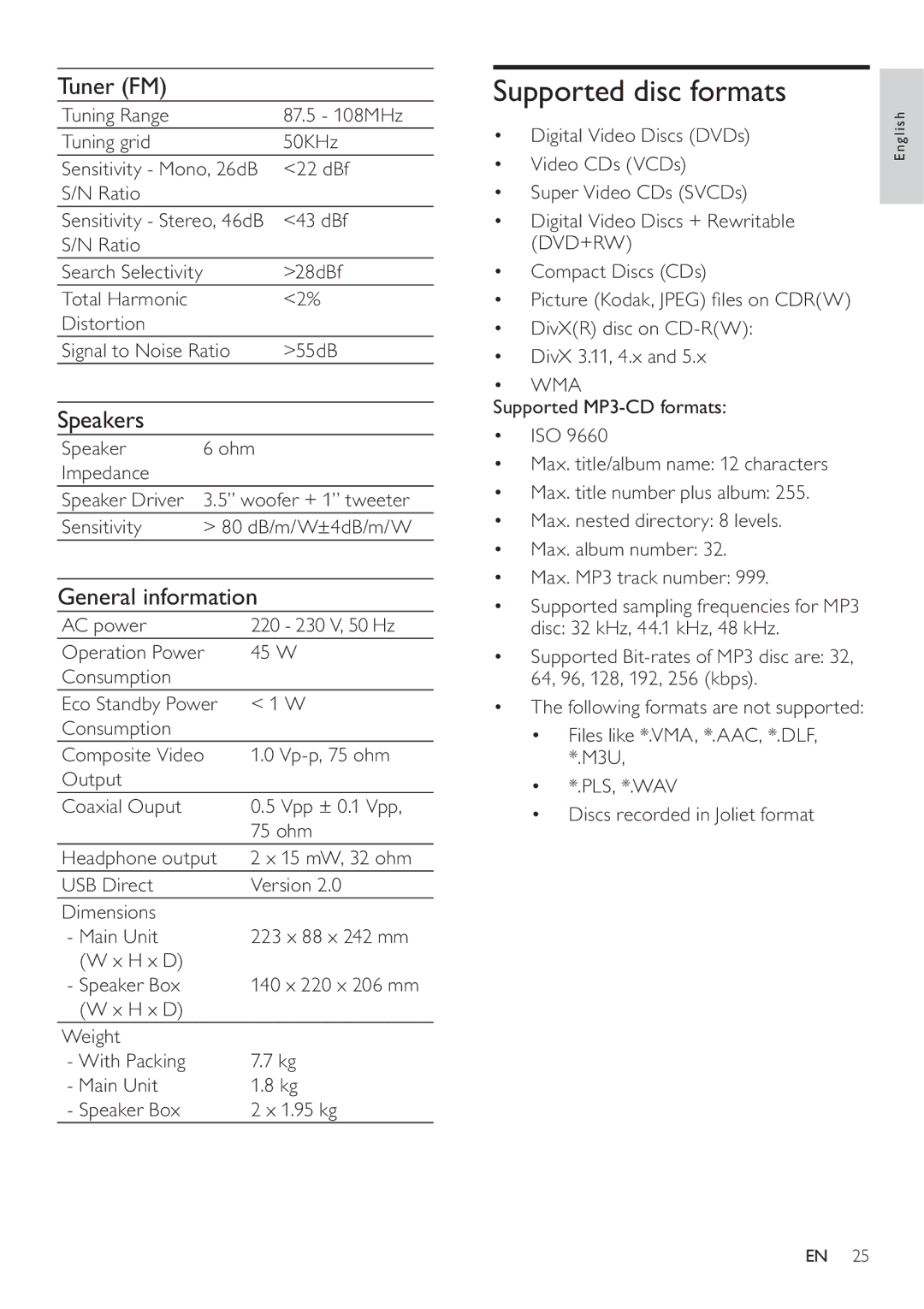 Philips DCD322/12 user manual Supported disc formats, Tuner FM, Speakers, General information 