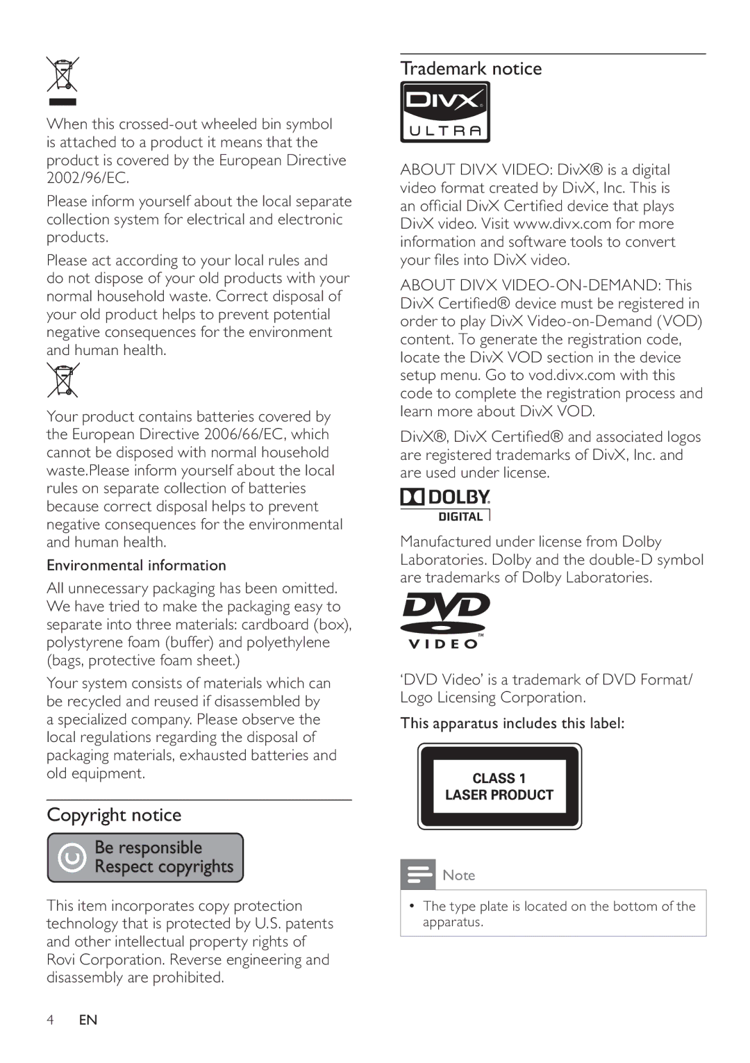 Philips DCD322/12 user manual Copyright notice, Trademark notice, Environmental information 