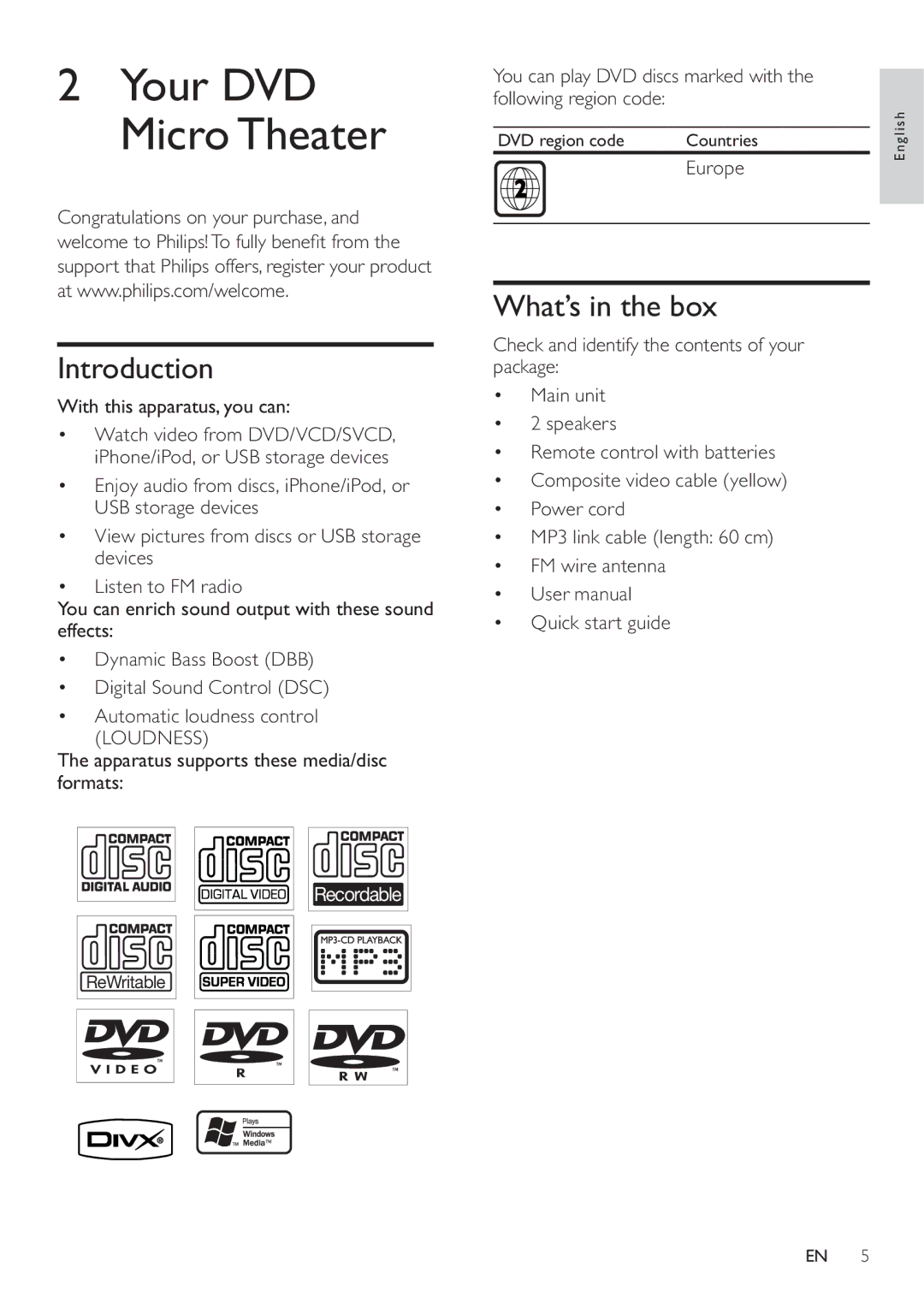 Philips DCD322/12 user manual Introduction, What’s in the box, With this apparatus, you can, Europe 