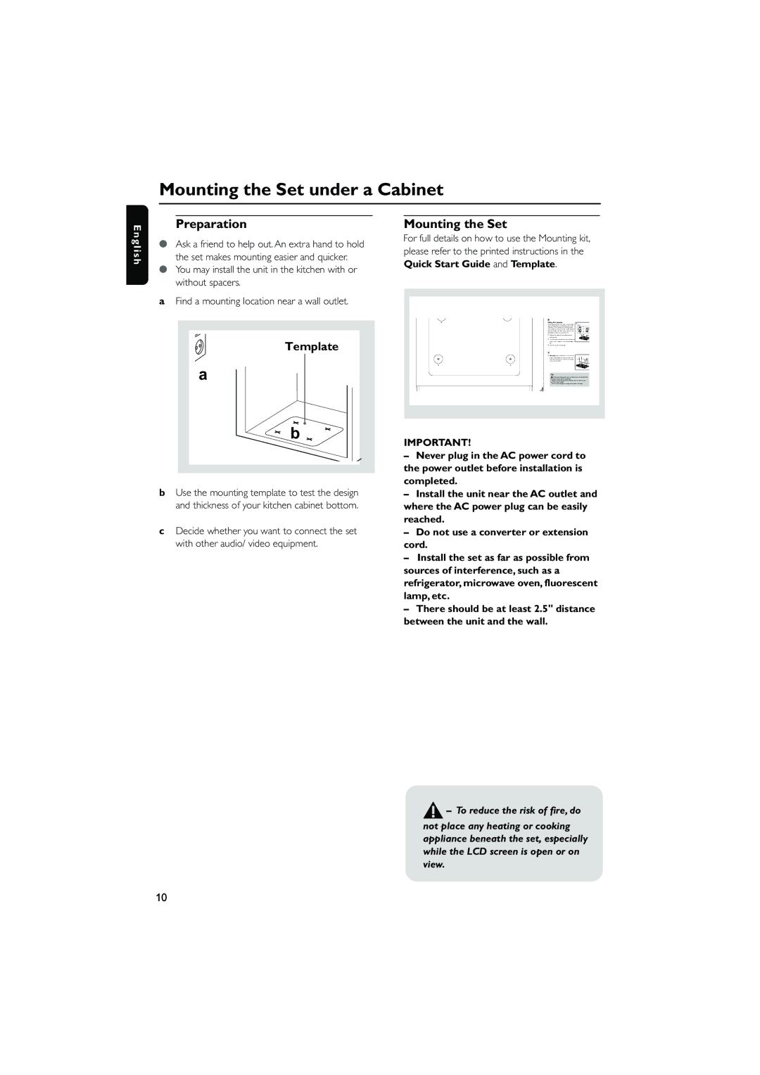 Philips DCD778 quick start Mounting the Set under a Cabinet, Preparation, Quick Start Guide and Template 