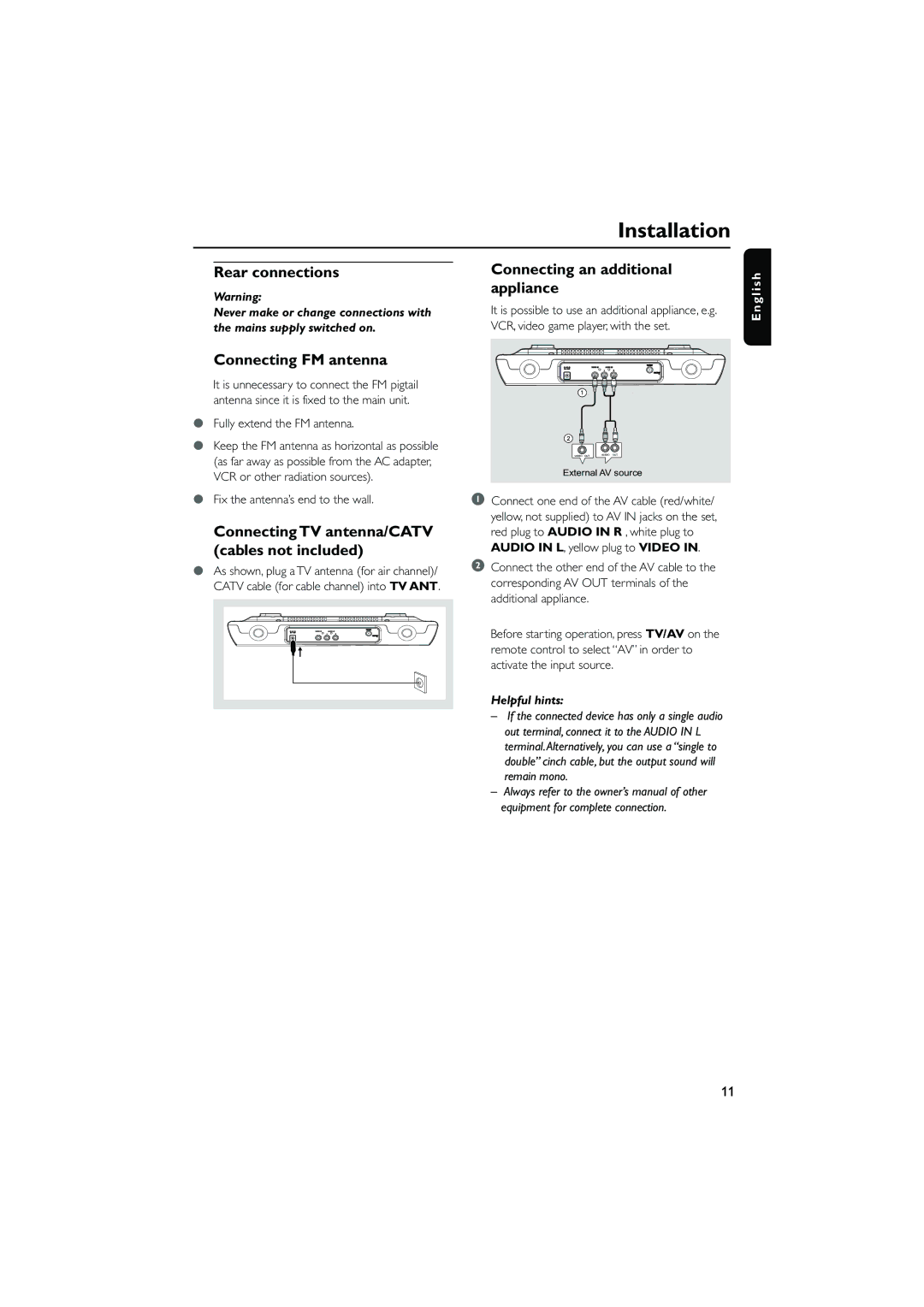 Philips DCD778 Installation, Rear connections, Connecting FM antenna, Connecting TV antenna/CATV cables not included 