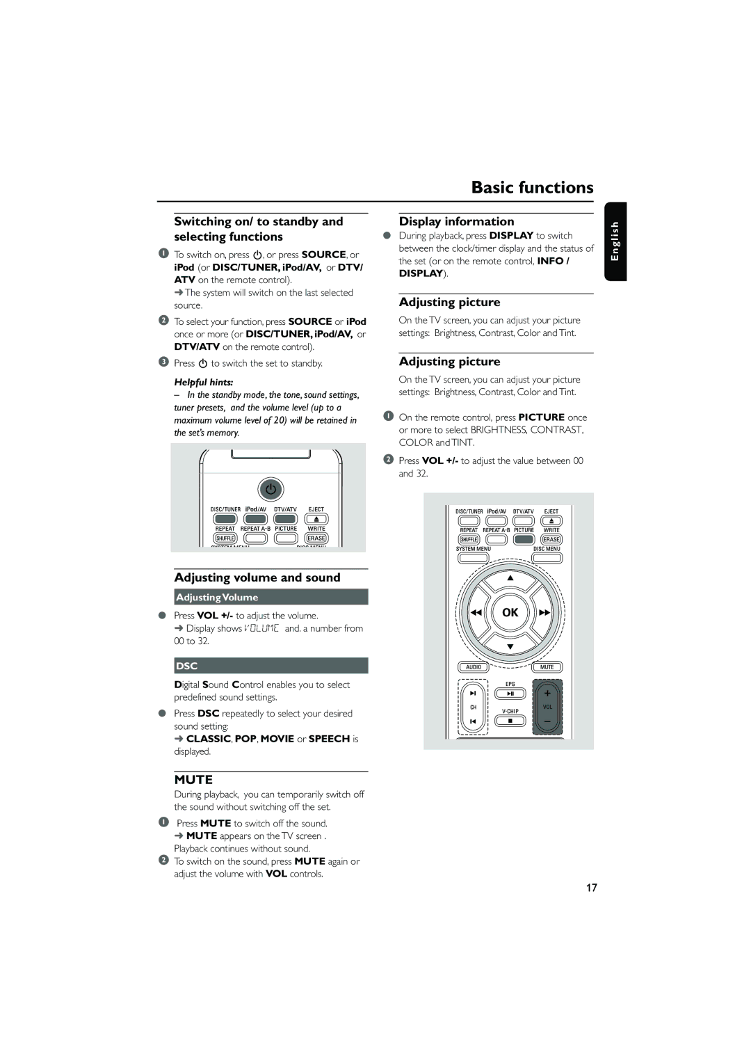 Philips DCD778 Basic functions, Switching on/ to standby and selecting functions, Display information, Adjusting picture 