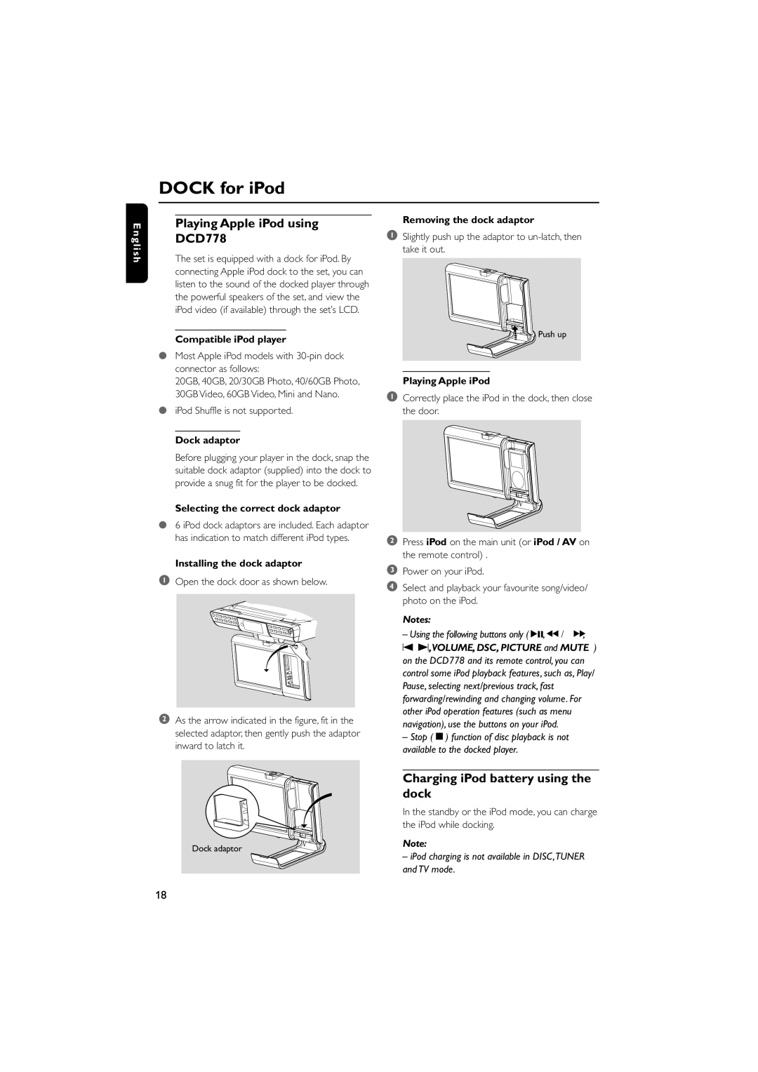 Philips quick start Dock for iPod, Playing Apple iPod using DCD778, Charging iPod battery using the dock 