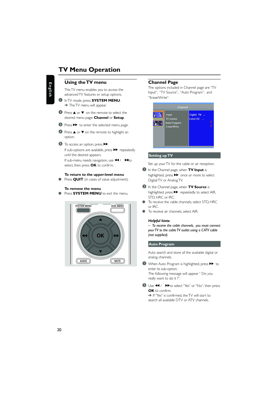 Philips DCD778 quick start TV Menu Operation, Using the TV menu, Channel, Setting up TV, Auto Program 