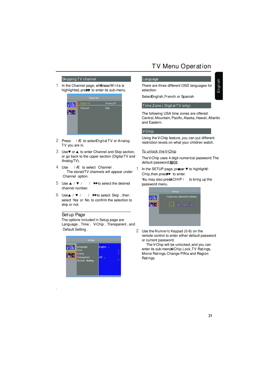 Philips DCD778 quick start Setup, Skipping TV channel, Time Zone Digital TV only, Chip, Engli 