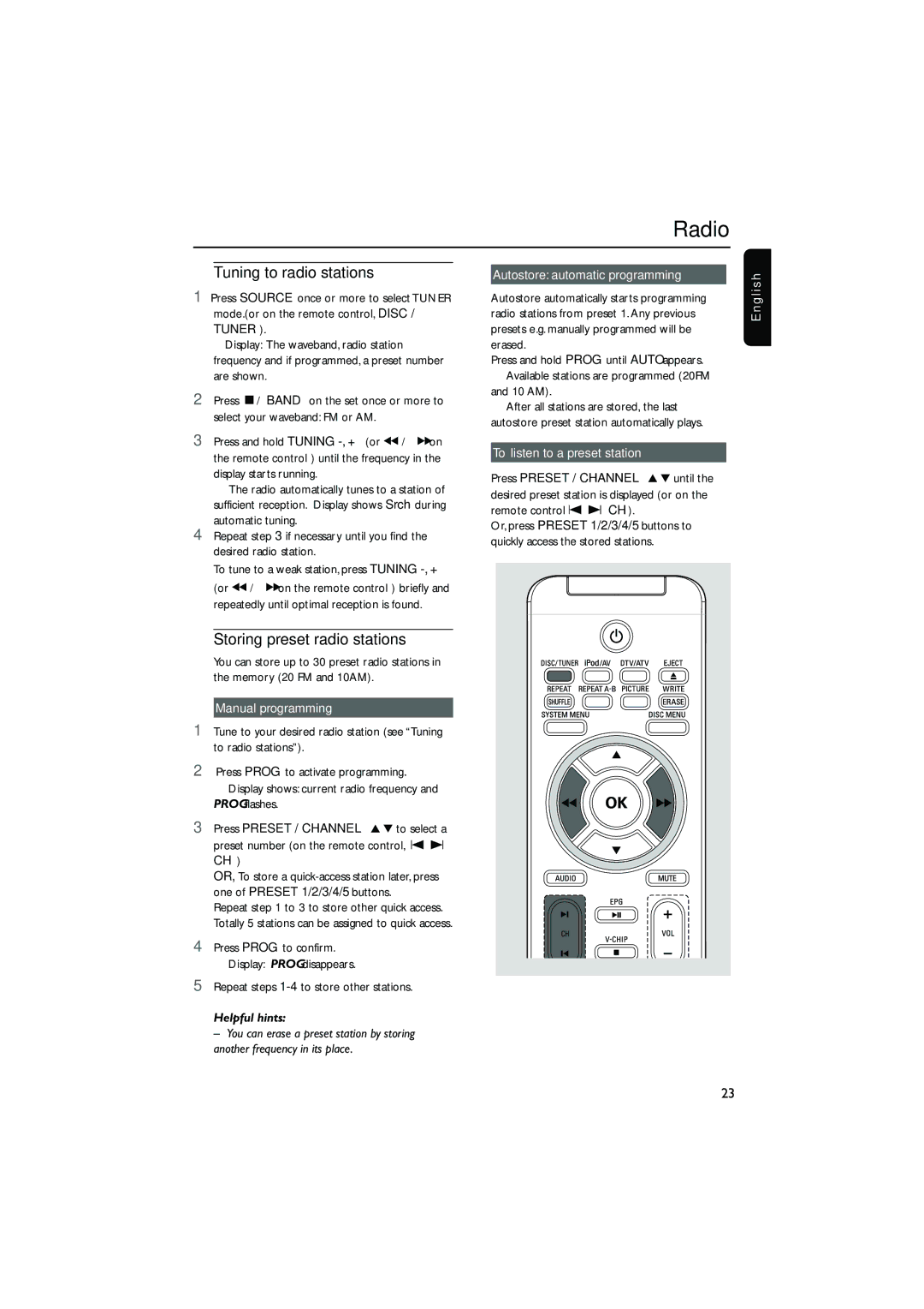 Philips DCD778 quick start Radio, Tuning to radio stations, Storing preset radio stations 