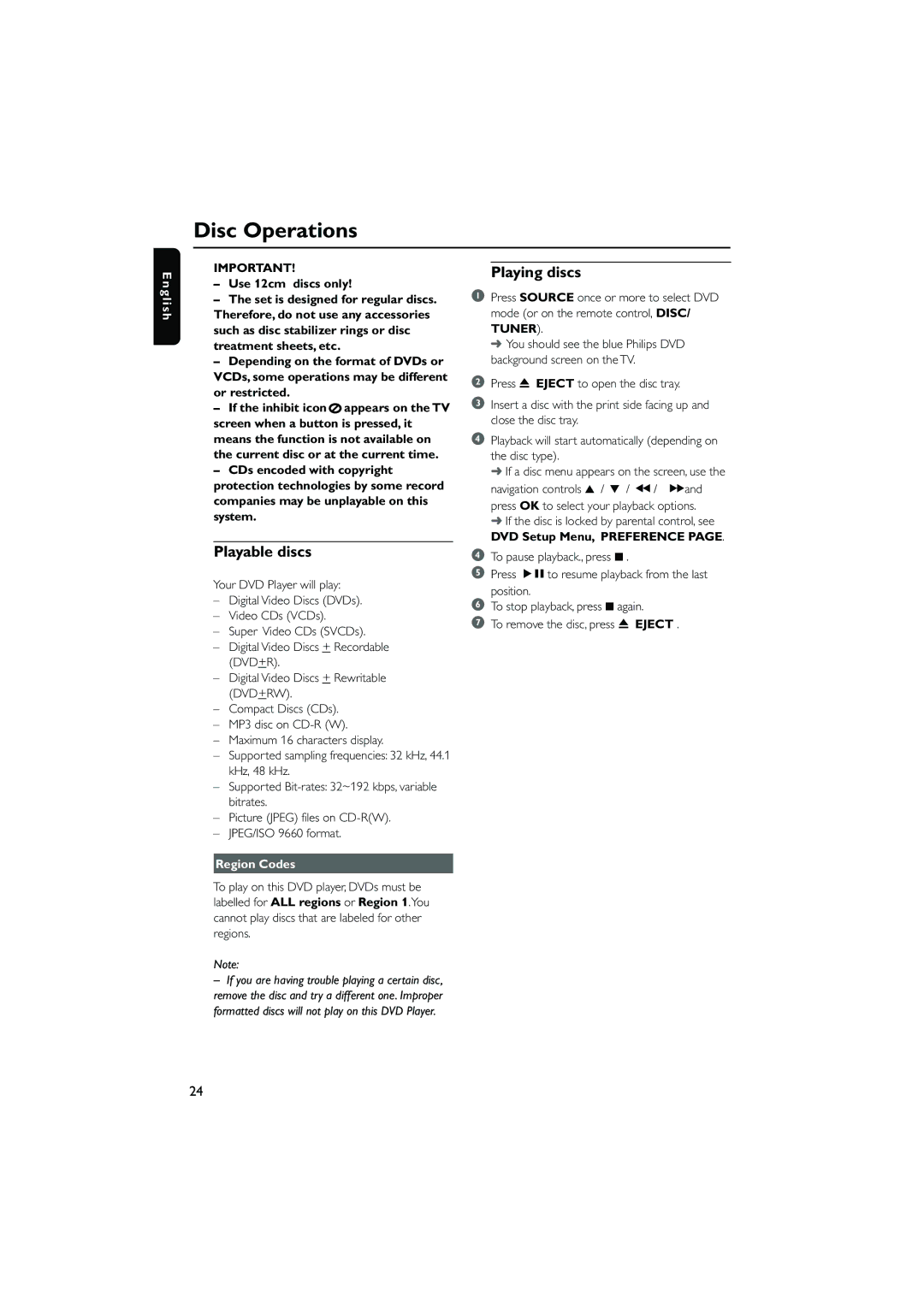 Philips DCD778 quick start Disc Operations, Playable discs, Playing discs, Use 12cm discs only, Region Codes 