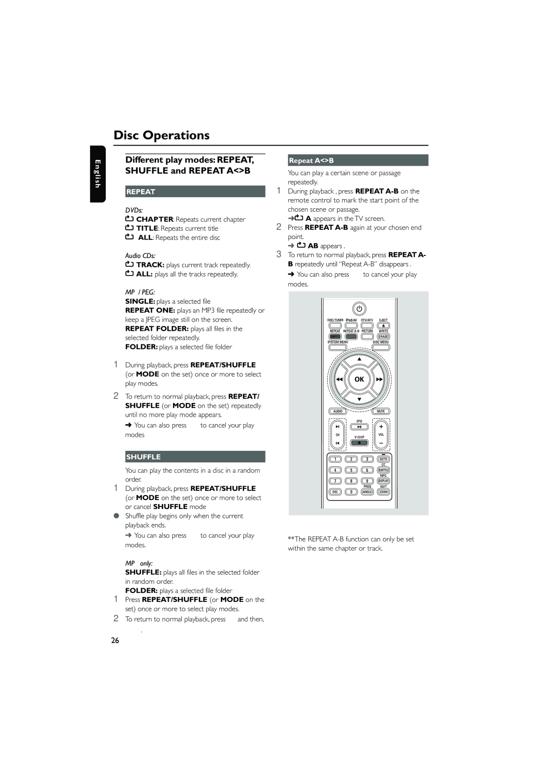 Philips DCD778 quick start Chapter Repeats current chapter, You can also press Ç to cancel your play modes, Repeat AB 