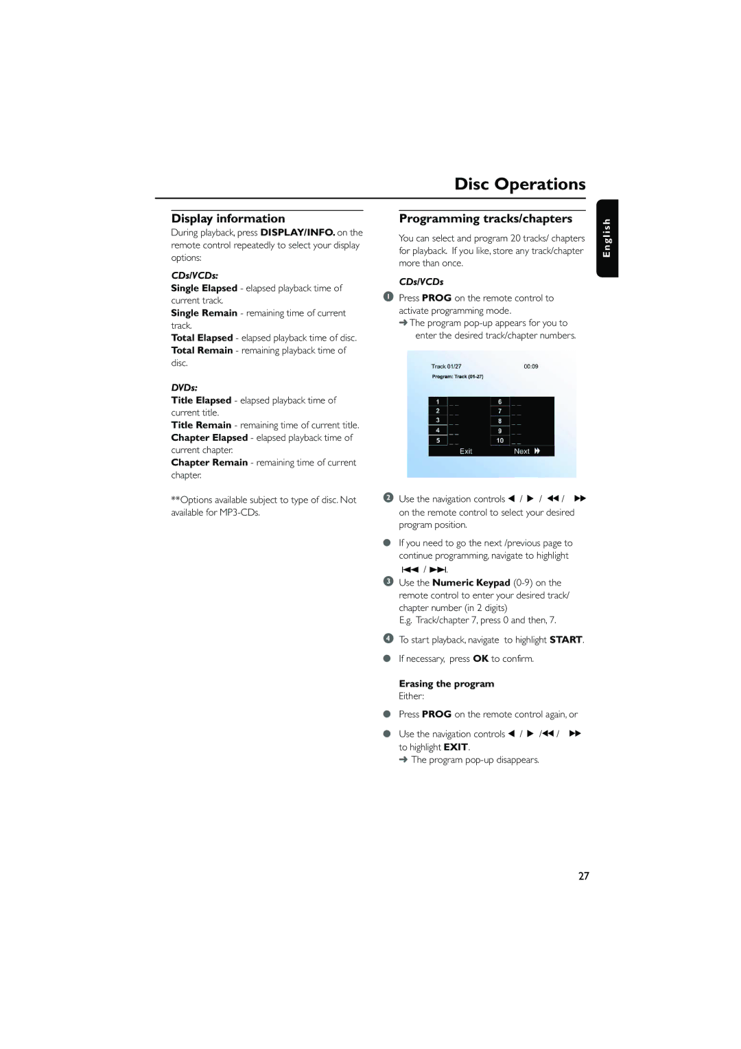 Philips DCD778 quick start Programming tracks/chapters, Track/ , press 0 and then, If necessary, press OK to confirm 