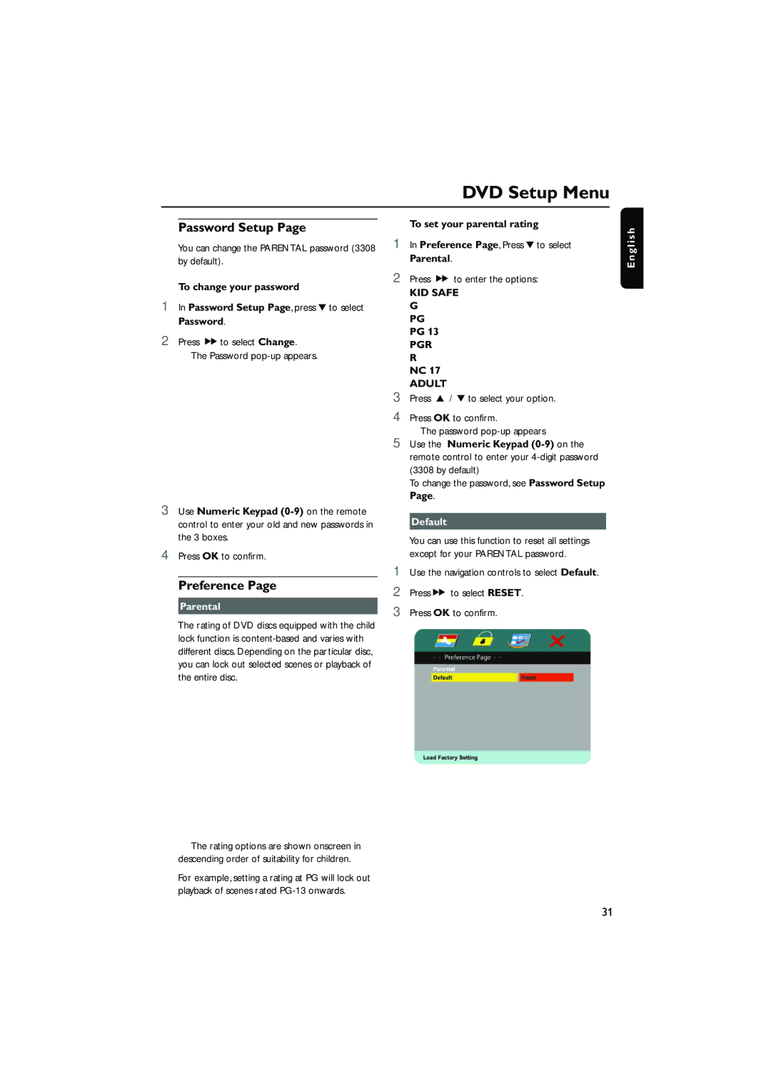 Philips DCD778 quick start Password Setup, Preference, Parental, To set your parental rating, Default 