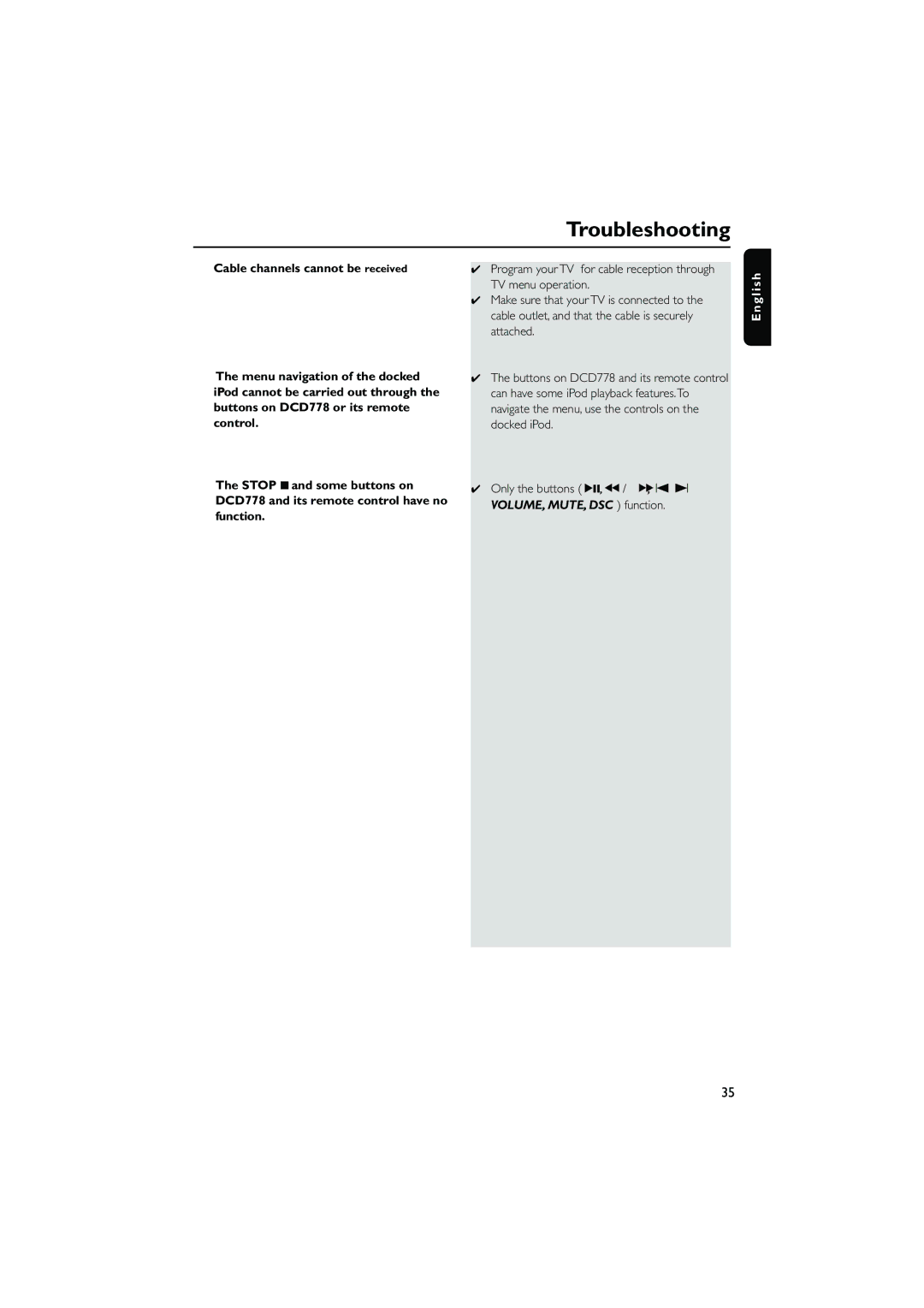 Philips DCD778 Cable channels cannot be received, TV menu operation, Make sure that your TV is connected to, Attached 