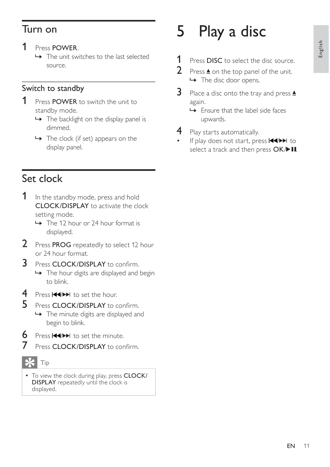 Philips DCM105 user manual Play a disc, Turn on, Set clock, Switch to standby 